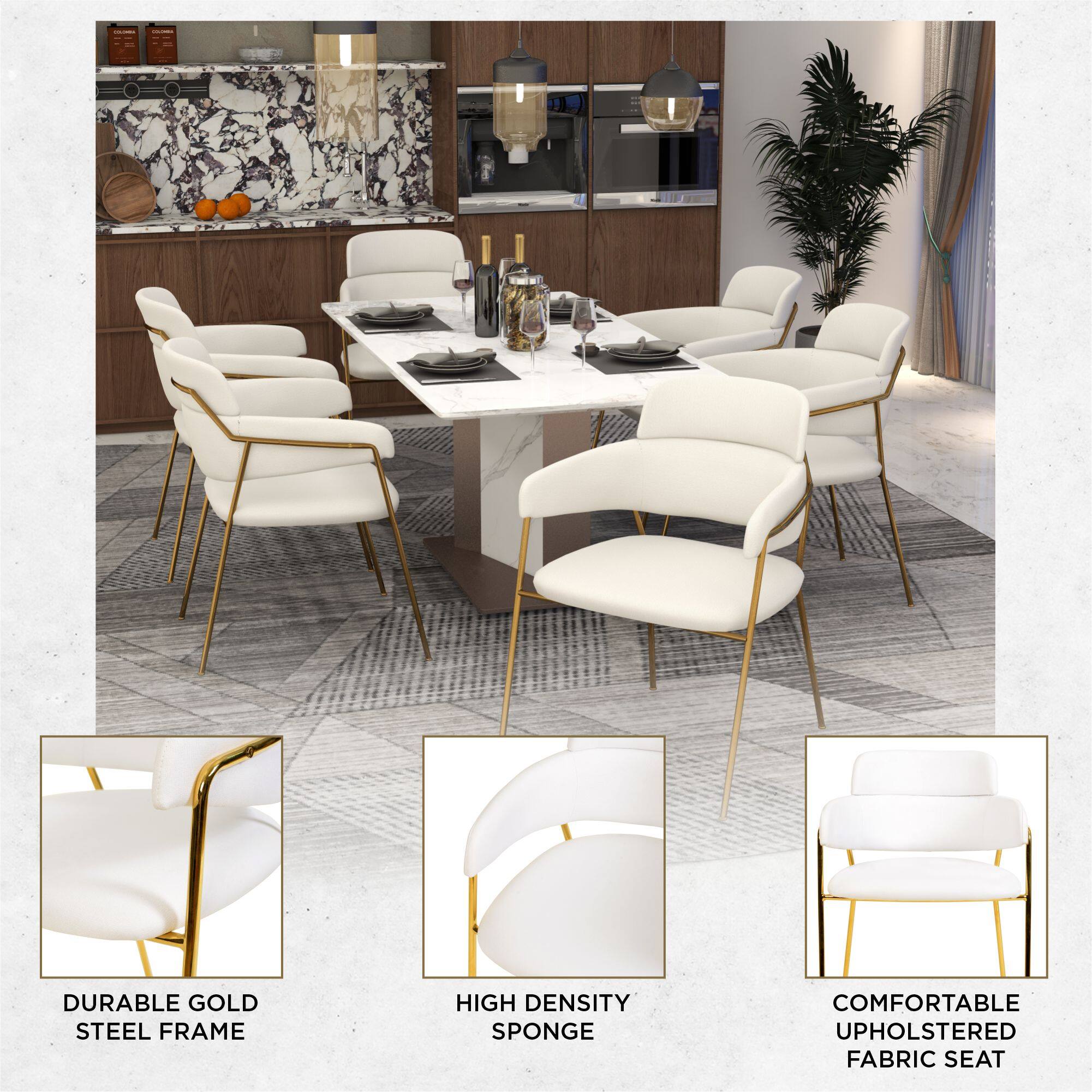 DURABLE GOLD STEEL FRAME  
HIGH DENSITY SPONGE  
COMFORTABLE UPHOLSTERED FABRIC SEAT