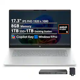 HP - Upgraded - OmniBook 3 17.3" FHD Laptop,AMD Ryzen 5 40,8GB RAM,1TB SSD+1TB Dock Set,AMD Radeon 610M,WiFi 7,Win 11 Pro - Silver