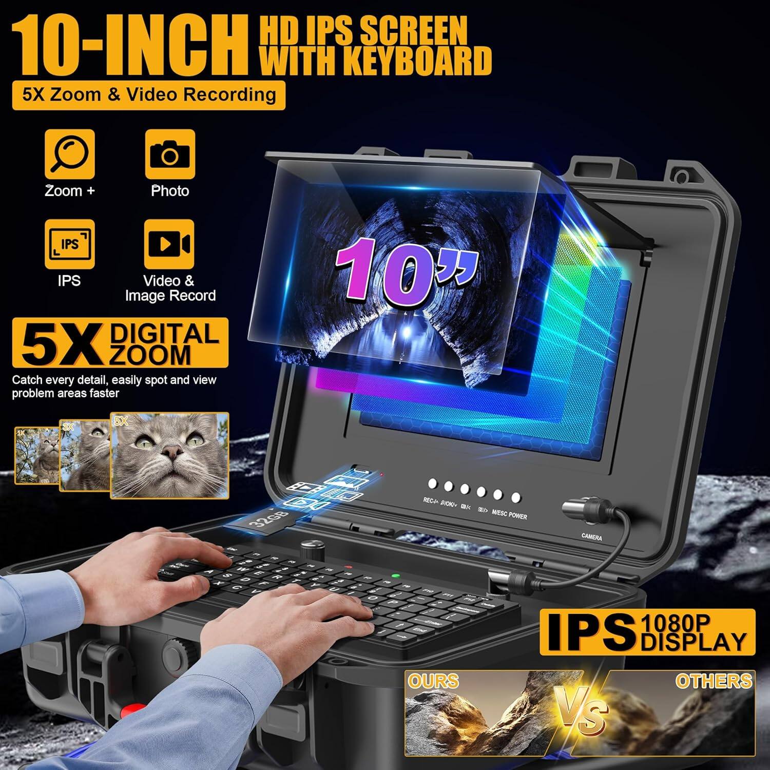 Alt View 5. Aukfa - Sewer Camera - 10" HD Borescope with Self-Leveling, IP68, 200Ft 7MM Cable, DVR, 5X Zoom.