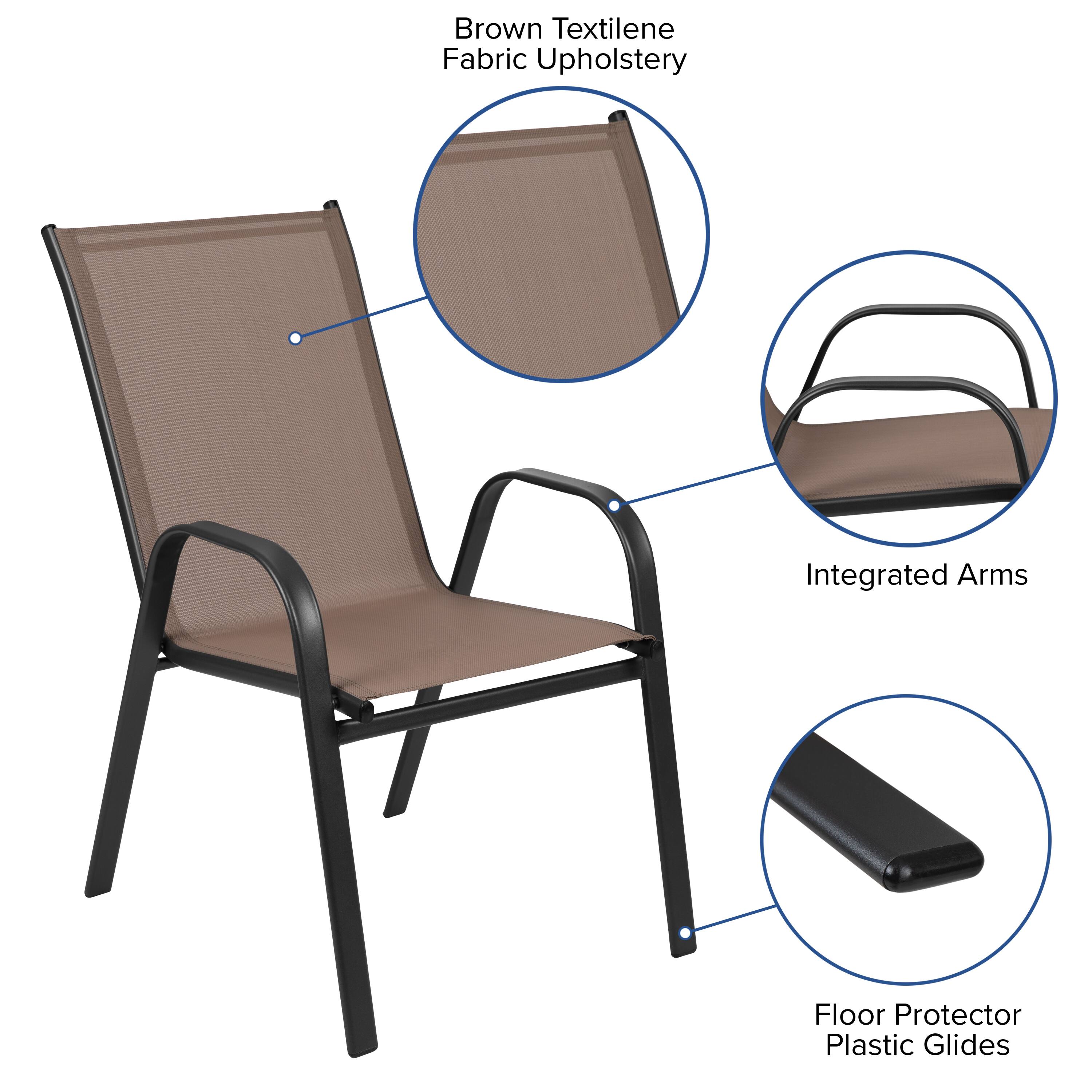 Brown Textilene Fabric Upholstery  
Integrated Arms  
Floor Protector Plastic Glides