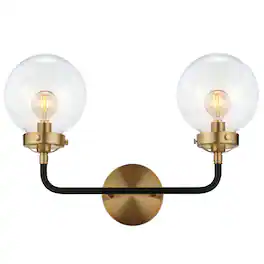 Jonathan Y - Caleb 18" 2-Light Contemporary Transitional Iron/Glass LED Vanity Light, Brass Gold/Black - Black/Brass Gold