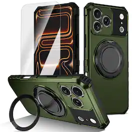 Dteck - Heavy Duty Ring Stand Case for Apple iPhone 17 Pro Max,Shockproof Rugged PC TPU Phone Cover + Tempered Glass Flim - Darkgreen