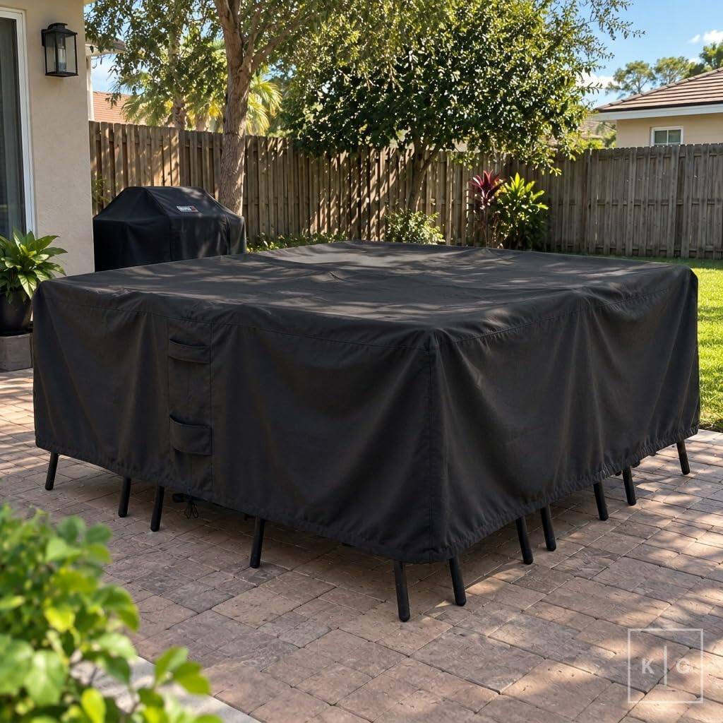 Back. KHOMO GEAR - Patio Table and Chair Set Cover - Heavy Duty, Water Resistant Outdoor Furniture Cover, Rectangular - 128"L x 82"W x 25"H - Black.