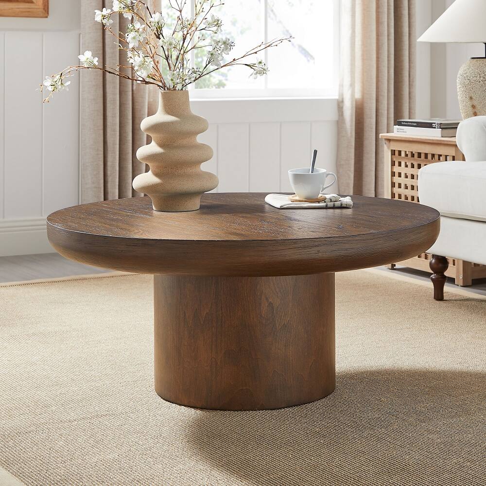 Alt View 2. Loheer - 36 Inch Round Coffee Table Wood Veneer Farmhouse Sofa Side Table with Cylindrical Legs for Living Room - Dark Brown.