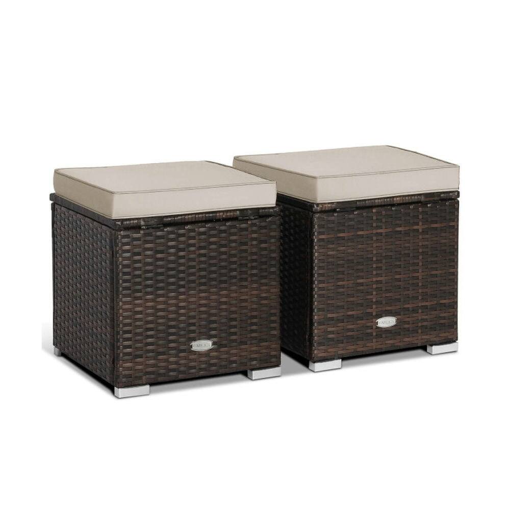Front. Pefilos - 2 Pieces Patio Ottoman ith Heavy-Duty Metal Frame, 4-in-1 Versatile Ottomans ith Removable Cushions, Wicker Ottoman for - Brown.