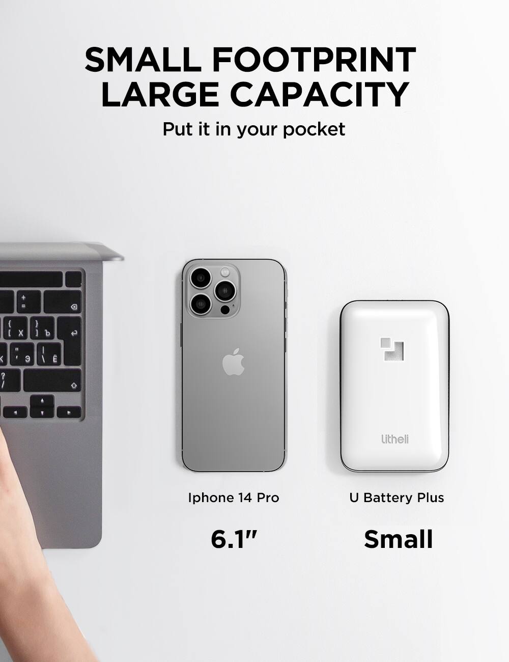 SMALL FOOTPRINT LARGE CAPACITY  
Put it in your pocket  

Iphone 14 Pro 6.1"  
U Battery Plus Small