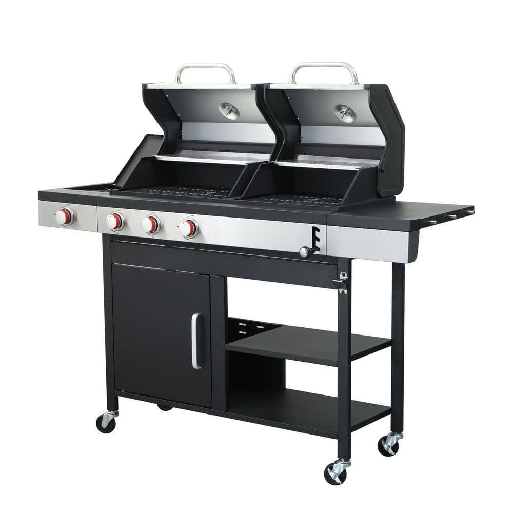 Front. Resenkos - 3-Burner Propane Gas BBQ Grill with Side Burner, combined with charcoal grill, 37230BTU Output.