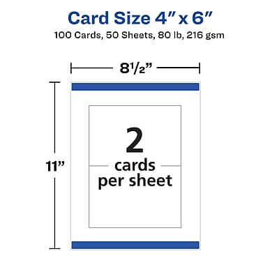 Card Size 4" x 6"  
100 Cards, 50 Sheets, 80 lb, 216 gsm  

8 1/2" x 11"  
2 cards per sheet