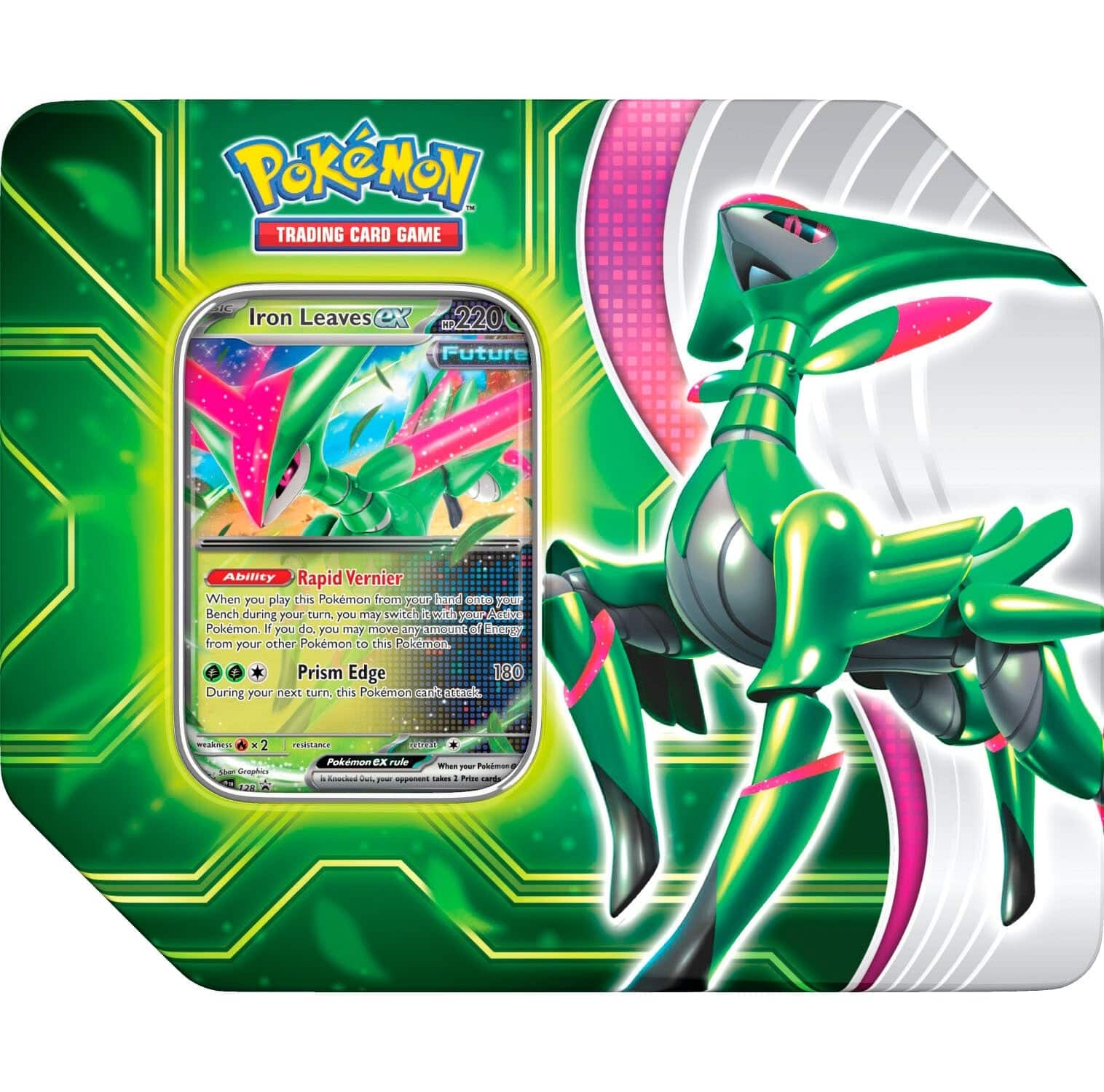 Pokémon Trading Card Game  
Iron Leaves ex  
220  
Future  
Ability: Rapid Vernier  
When you play this Pokémon from your hand during your turn, you may switch 1 of your Benched Pokémon with 1 of your opponent's Benched Pokémon. If you do, you may move 3 Energy from your other Pokémon to this Pokémon.  
Prism Edge  
180  
During your next turn, this Pokémon can't attack.
