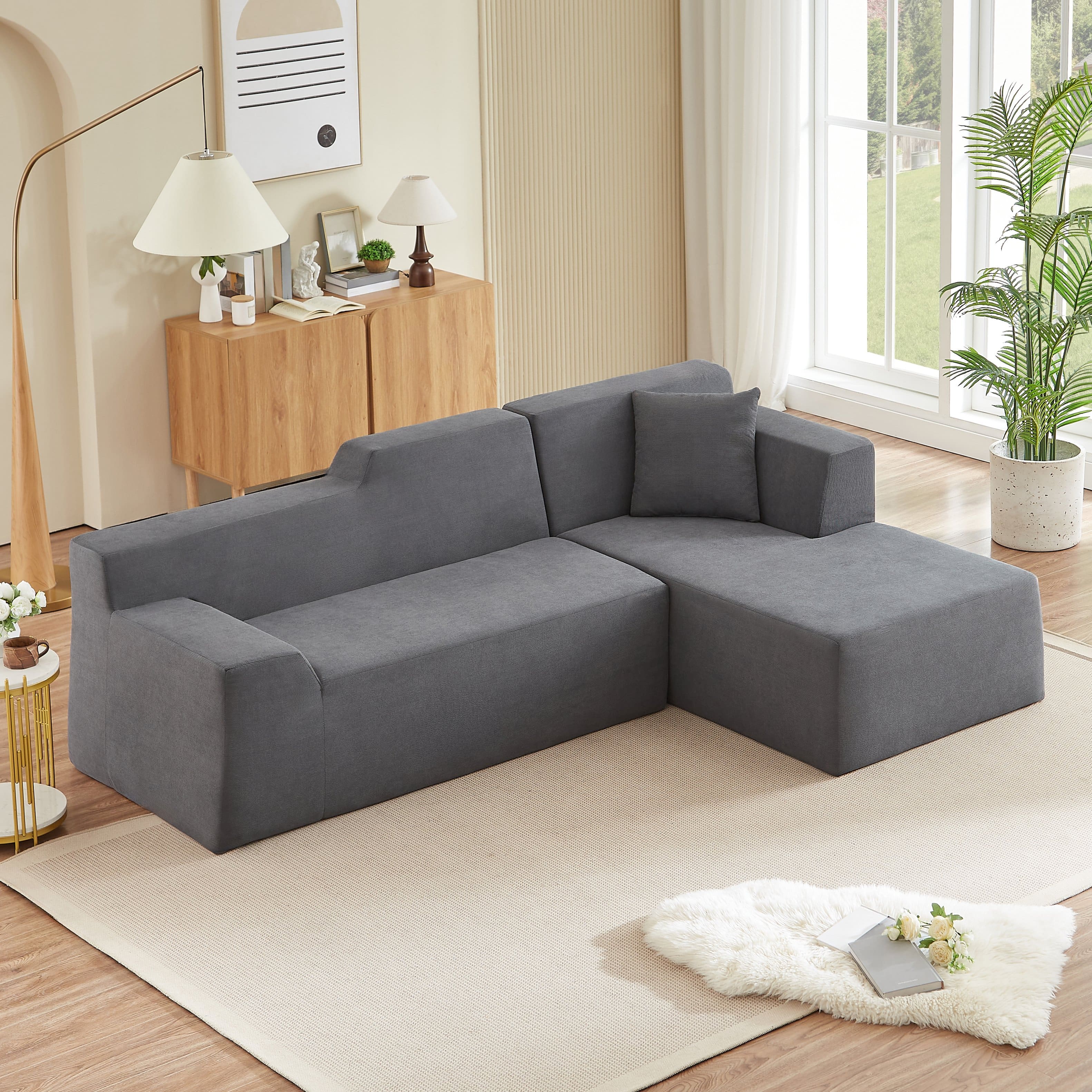 Anysun - L-Shaped Design Left-Facing Modern Minimalist Corduroy High Raised Thickened Back Sofa - Dark Gray
