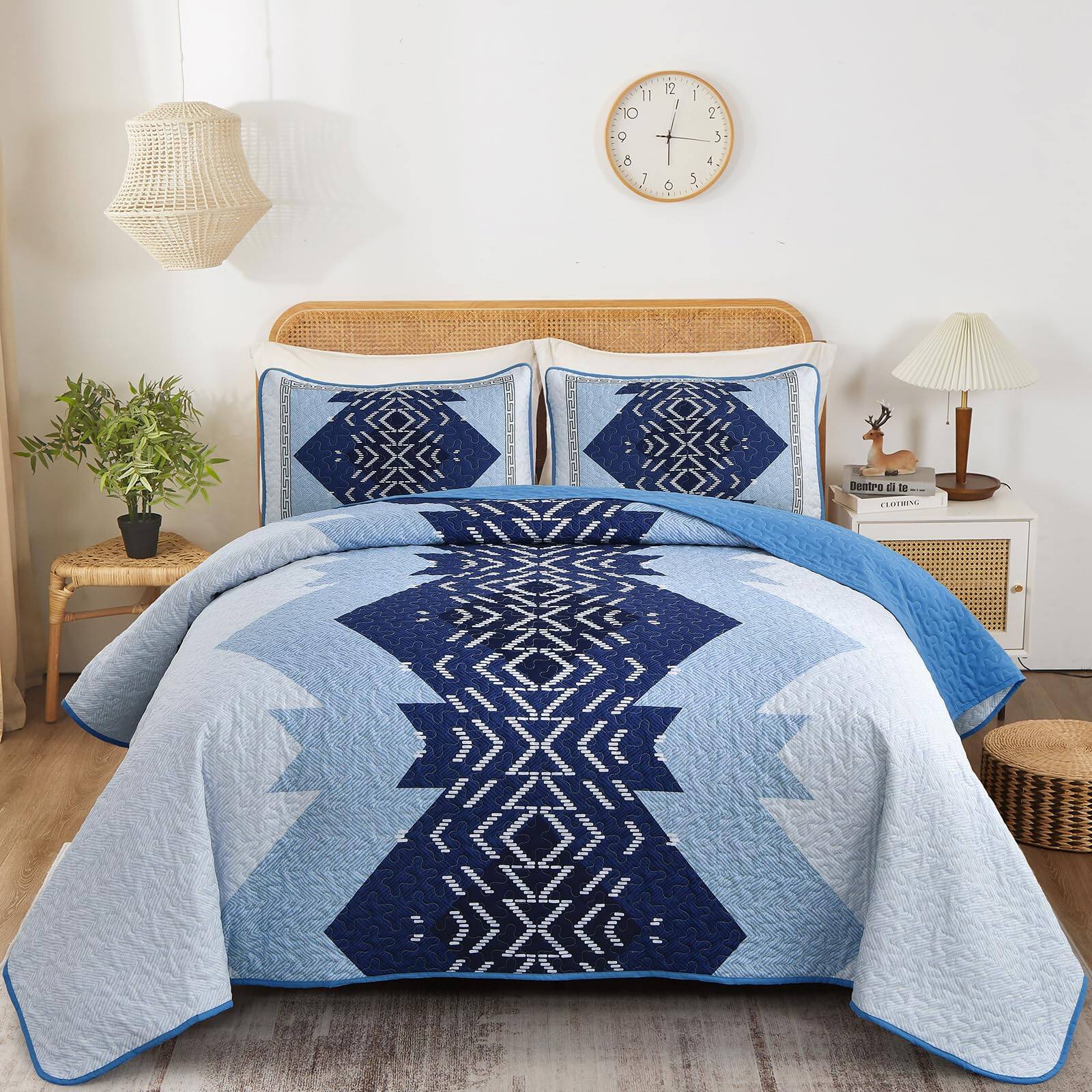 Earthley Blooms - Boho Quilt Set 3 Pieces Aztec Texture Bedding Coverlet Bedspread Soft Microfiber Bed Cover Bohemian - Blue-King 90“×103”
