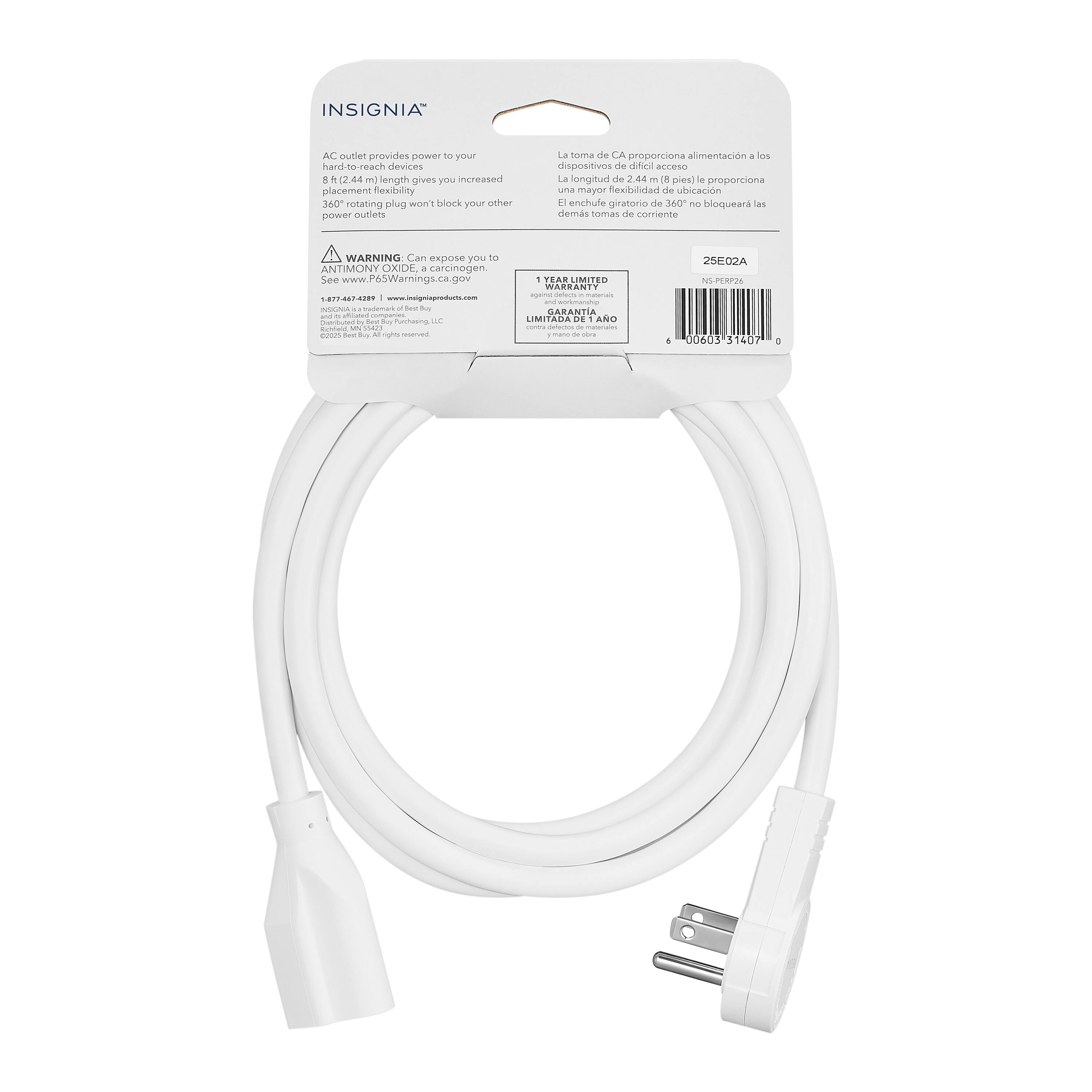 Insignia AC Outlet provides power to hand-to-reach devices up to 102.44 inches in length, giving you increased placement flexibility. The 360-degree rotating plug won't block your other power outlets. The product is made in China. The package includes a 2.44 feet long cord, which is suitable for a wide range of devices. The cord is white and has a 360-degree rotating plug, which prevents it from blocking other power outlets. The product comes with a limited one-year warranty.
