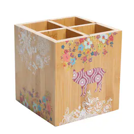 Gibson Urban Market 5.5 Inch Square Bamboo Utensil Holder in Animal and Floral Print - Brown