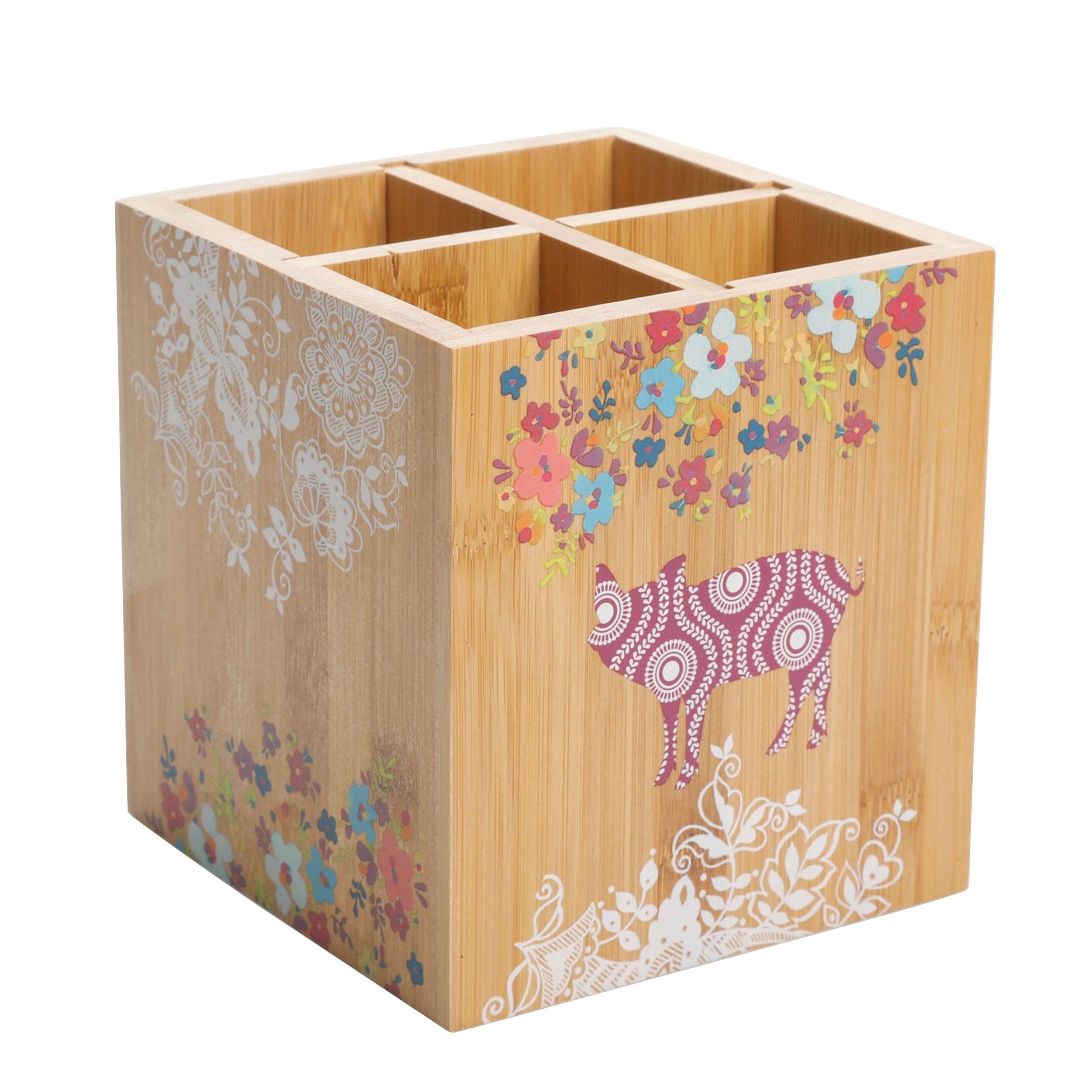 Front. Urban Market - Gibson Urban Market 5.5 Inch Square Bamboo Utensil Holder in Animal and Floral Print - Brown.