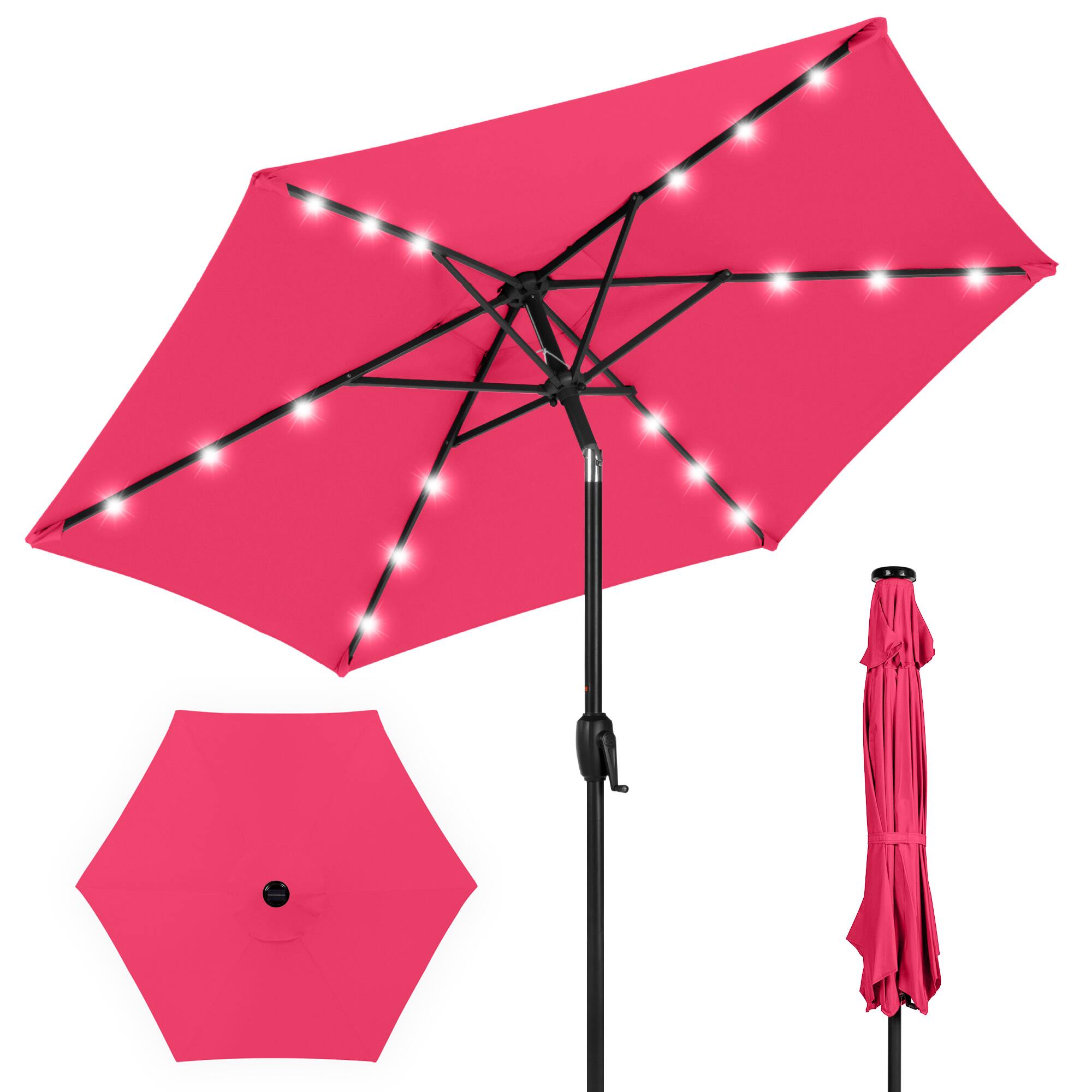 Best Choice Products - 7.5ft Outdoor Solar Patio Umbrella for Deck, Pool w/ Tilt, Crank, LED Lights - Hot Pink