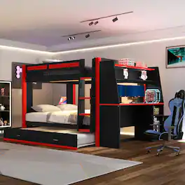 Whisen - Full Size Multifunctional Bunk Bed with Trundle,LED Lights,Desk and Bookshelves-Red+ - Black