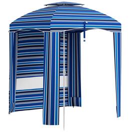 Outsunny - 5.8' x 5.8' Portable Beach Umbrella with Double-Top, Ruffled Outdoor Cabana with Walls, Vents, Sandbags, Carry Bag - Blue Strip