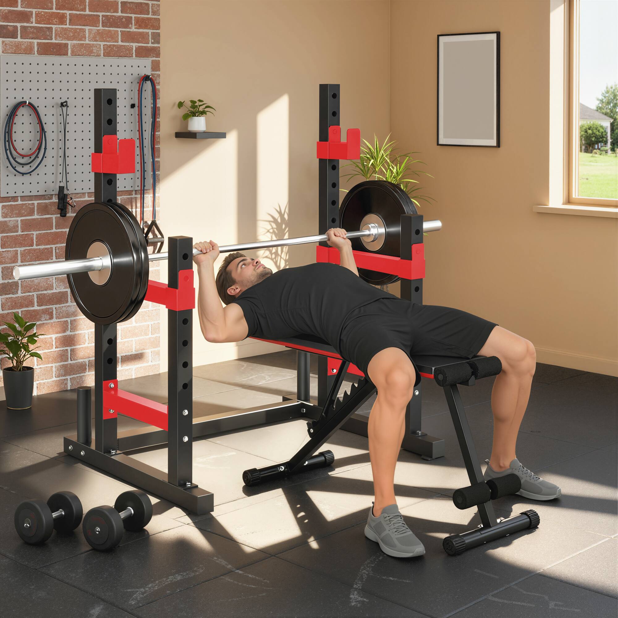 Alt View 7. Soozier - Adjustable Squat Rack, Multi-Functional Bench Press Rack, Heavy Duty Barbell Stand with Weight Plate Holders - Red.