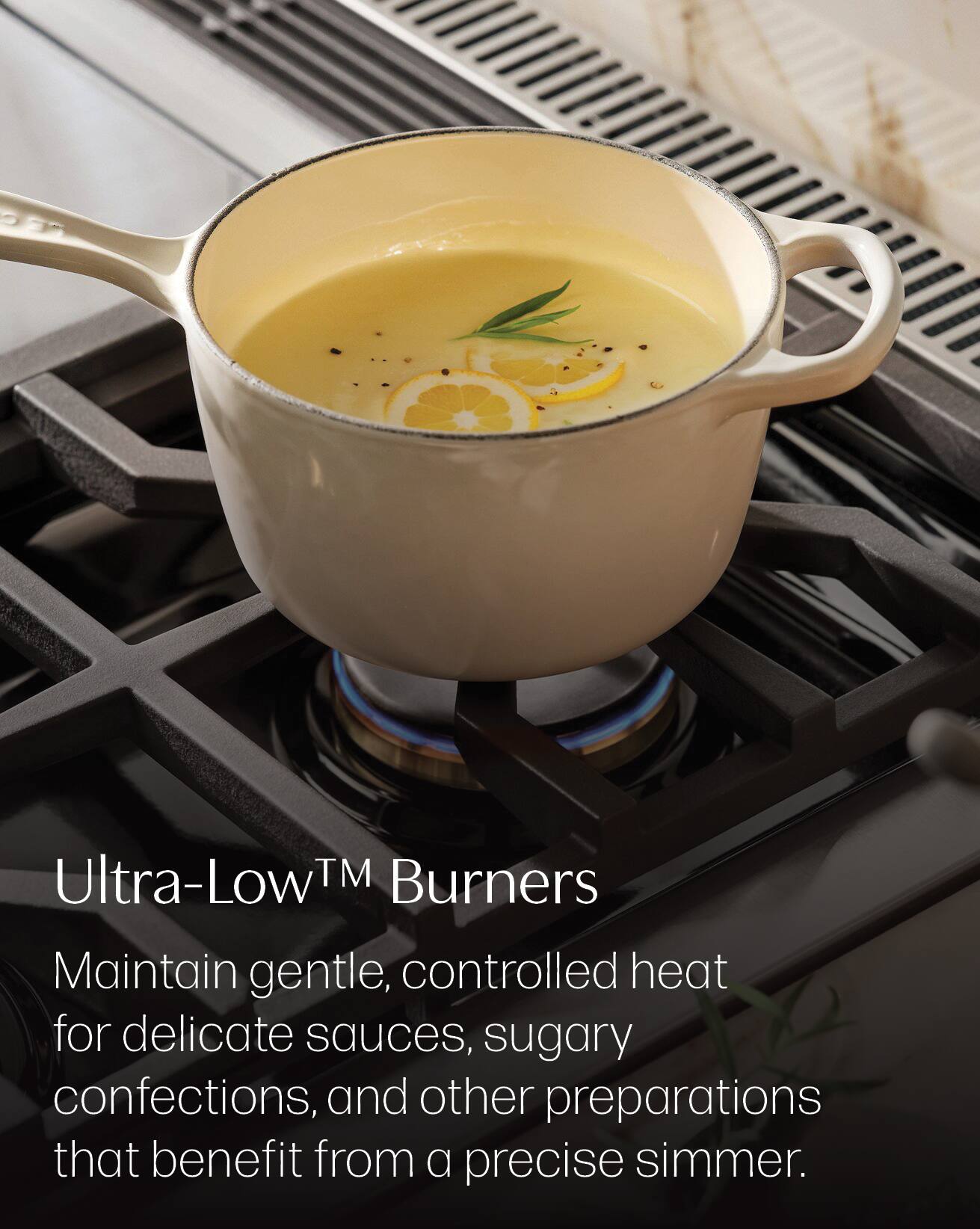 Ultra-Low™ Burners  
Maintain gentle, controlled heat for delicate sauces, sugary confections, and other preparations that benefit from a precise simmer.