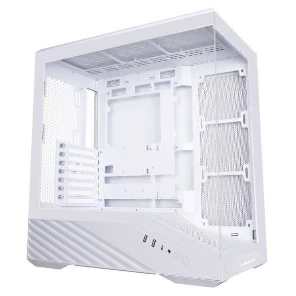 Angle. Lian Li - Lian Li V100 ATX Mid-Tower Case, RGB LED, Tempered Glass, 420mm GPU Support, 360mm Radiator, Dust Filter - White (V100W) - White.
