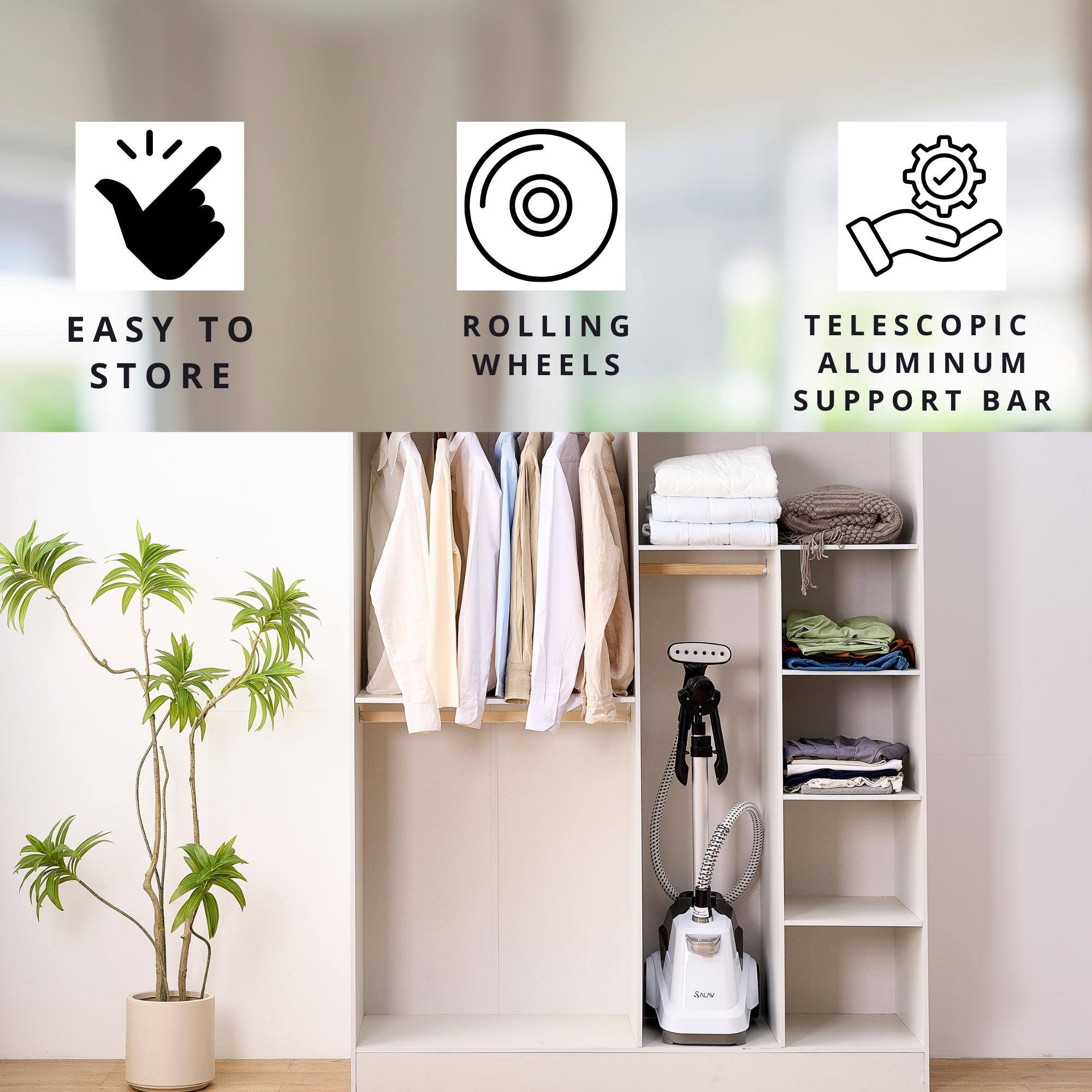 EASY TO STORE, ROLLING WHEELS, TELESCOPIC ALUMINUM SUPPORT BAR, SAN