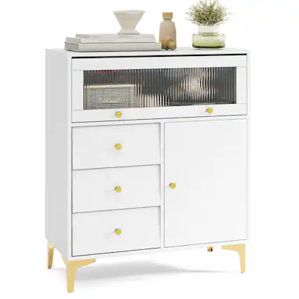Front. Gymax - Gymax 37.5'' Tall Dresser Chest of Drawers w/ Flip-up Fluted Glass Door 2 Cabinets - Grey, White.