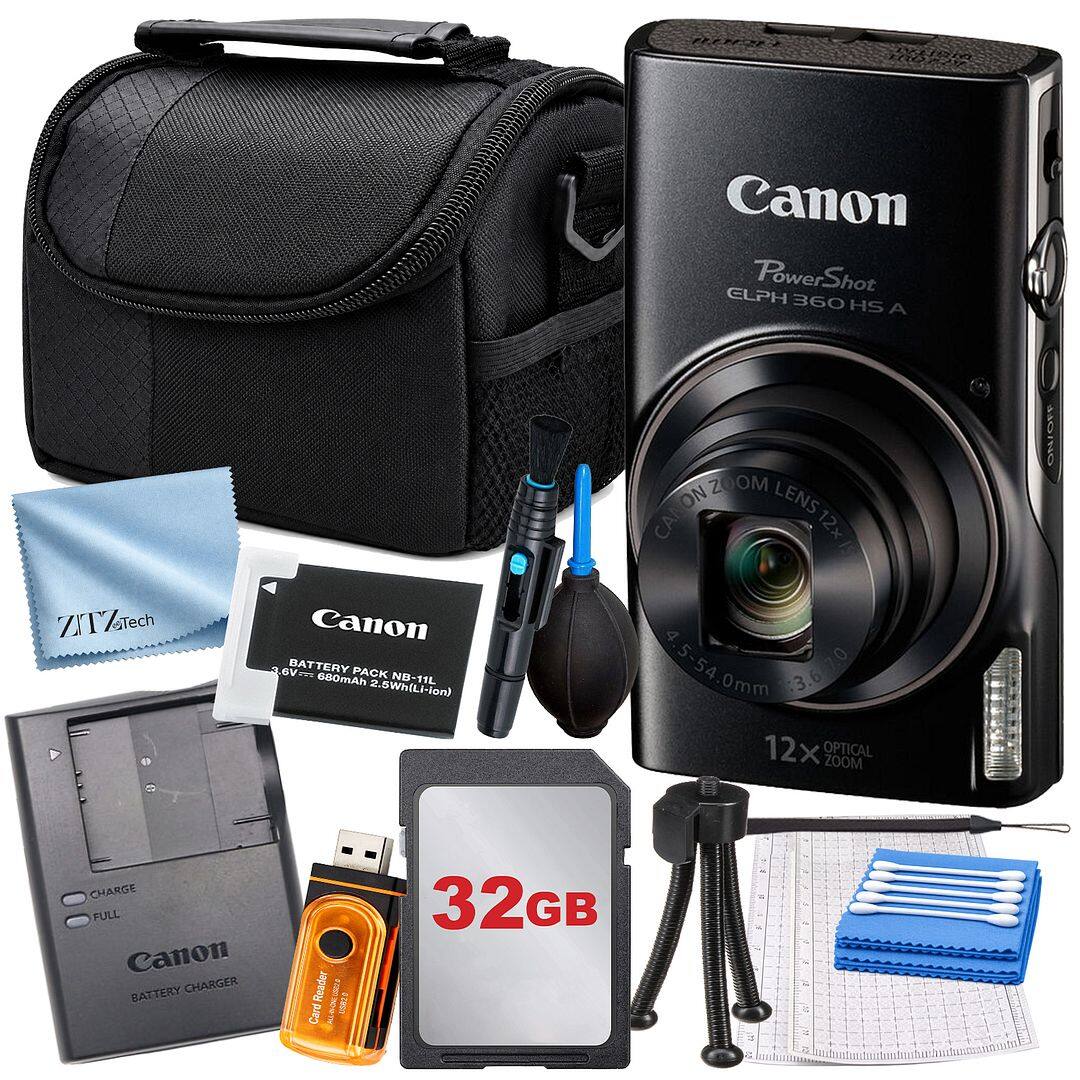 Canon ELPH PowerShot 360 HS A

ZITZTech

Canon 3.6V BATTERY PACK 680mAh NB-11L 2.5Wh (Li-ion)

NO ZOOM LENS CA 4.5-54.0mm 3.6% 0 12x OPTICAL ZOOM

ON/OP

CHARGE FULL Canon BATTERY CHARGER

Reader Card

ZOCO

32GB