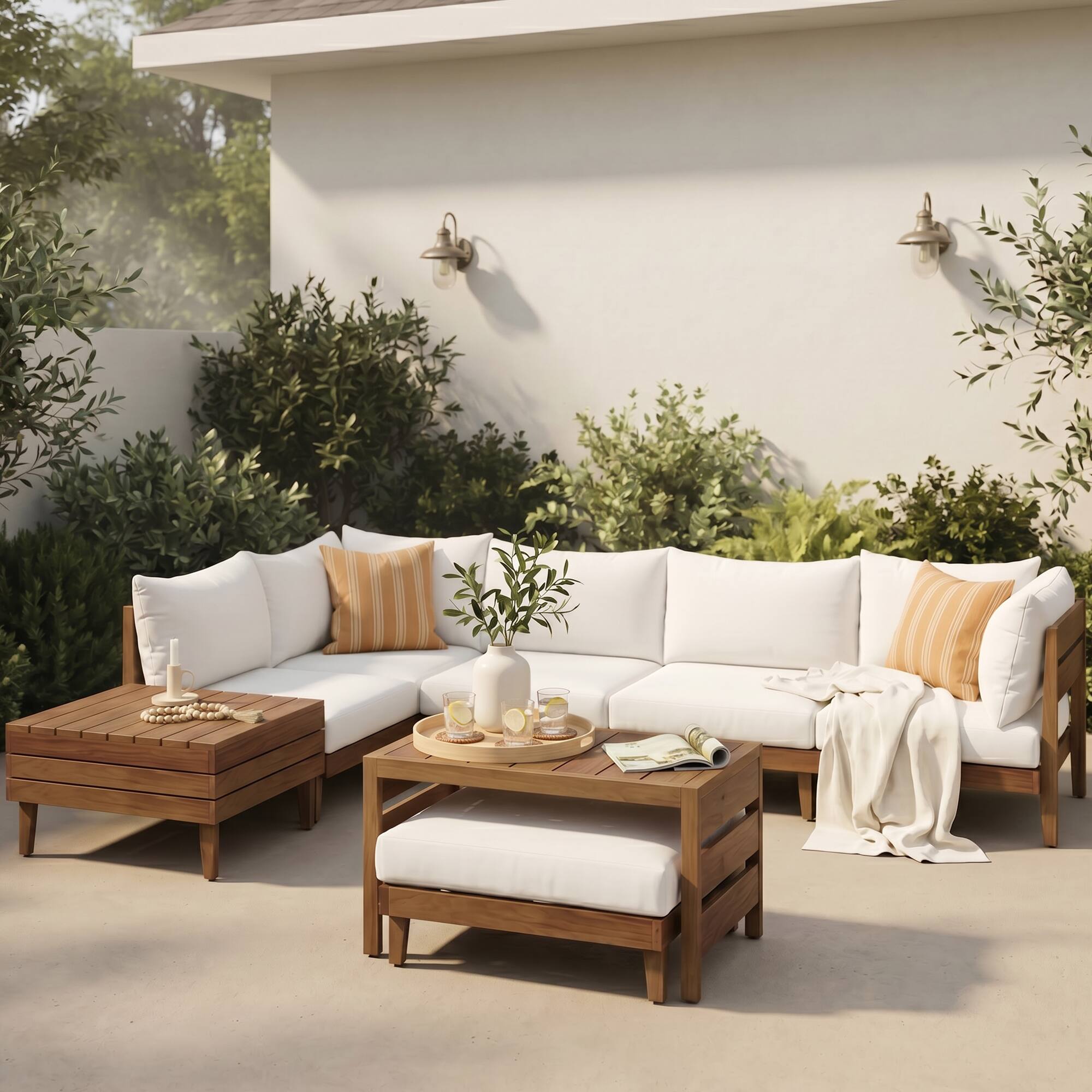 Angle. Anysun - 8-Piece Acacia Wood Outdoor Patio Sofa Set – Modular Sectional Furniture with Storage Tea Table, Coffee Table & Cushions - Beige.