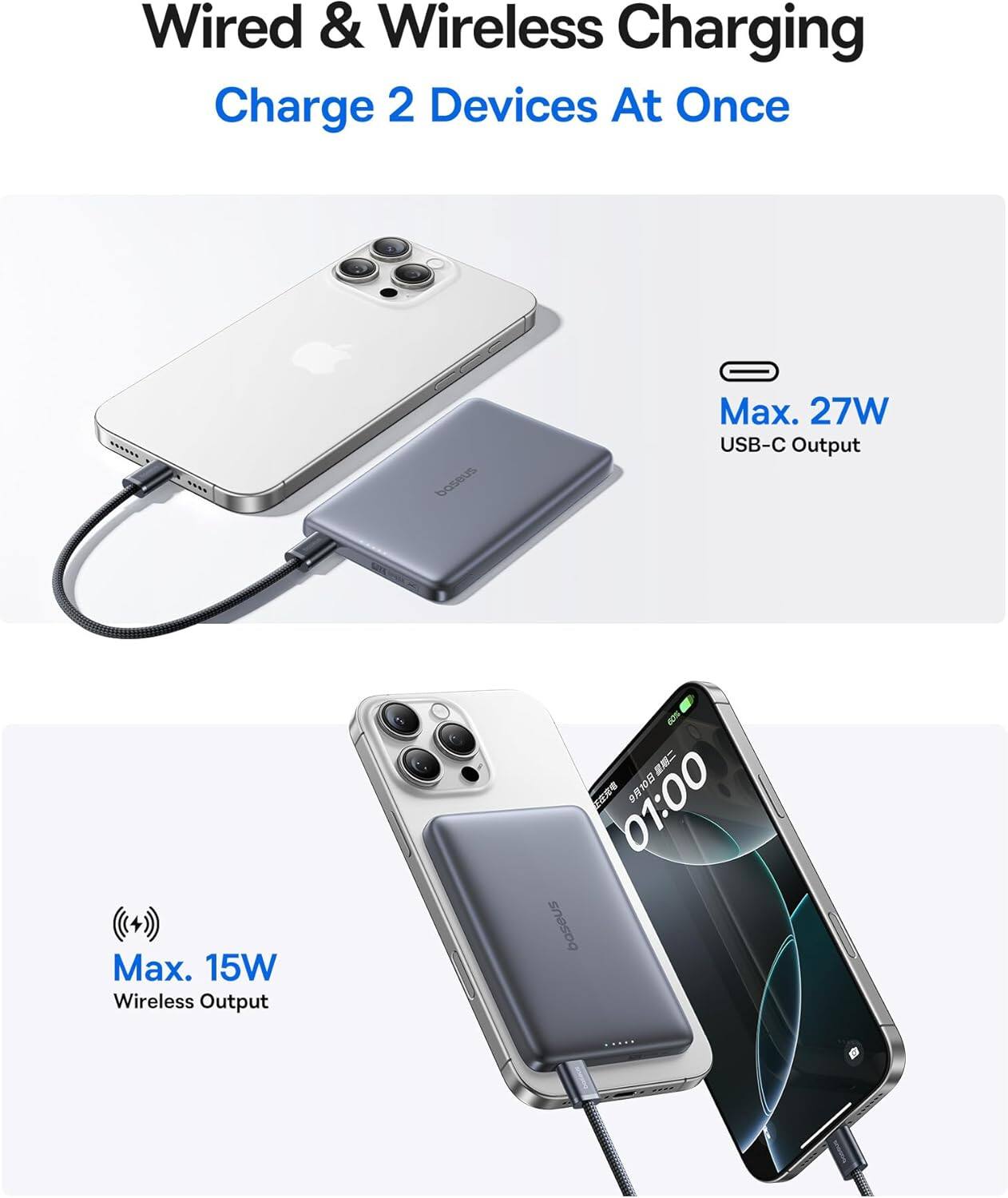 Wired & Wireless Charging  
Charge 2 Devices At Once  

Max. 27W USB-C Output  
Max. 15W Wireless Output