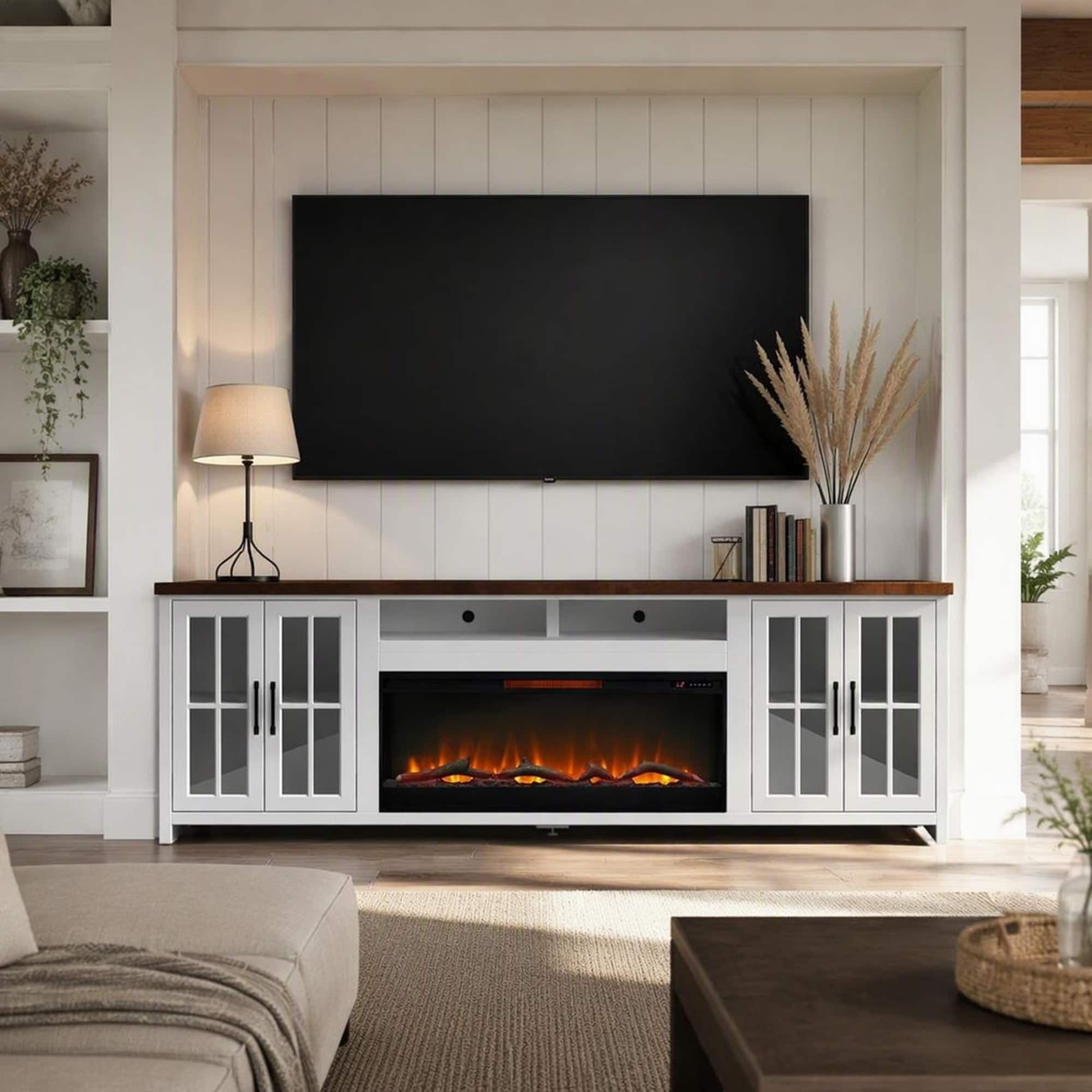 RYHNUYNE - 97 Inch Farmhouse Fireplace TV Stand With 42 Inch Electric Fireplace, Wood Glass Media Console Fits 100 Inch TVs - White