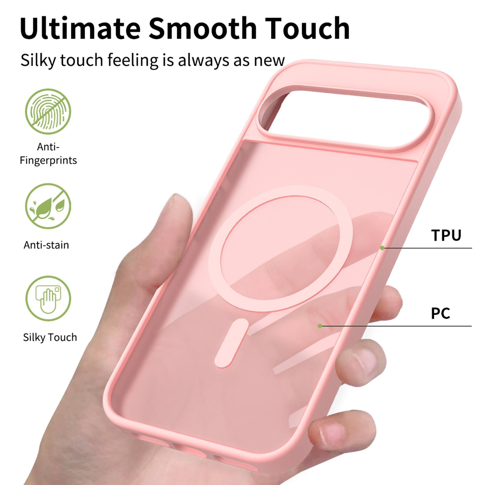 Ultimate Smooth Touch  
Silky touch feeling is always as new  

Anti-Fingerprints  
Anti-stain  
Silky Touch  

TPU  
PC