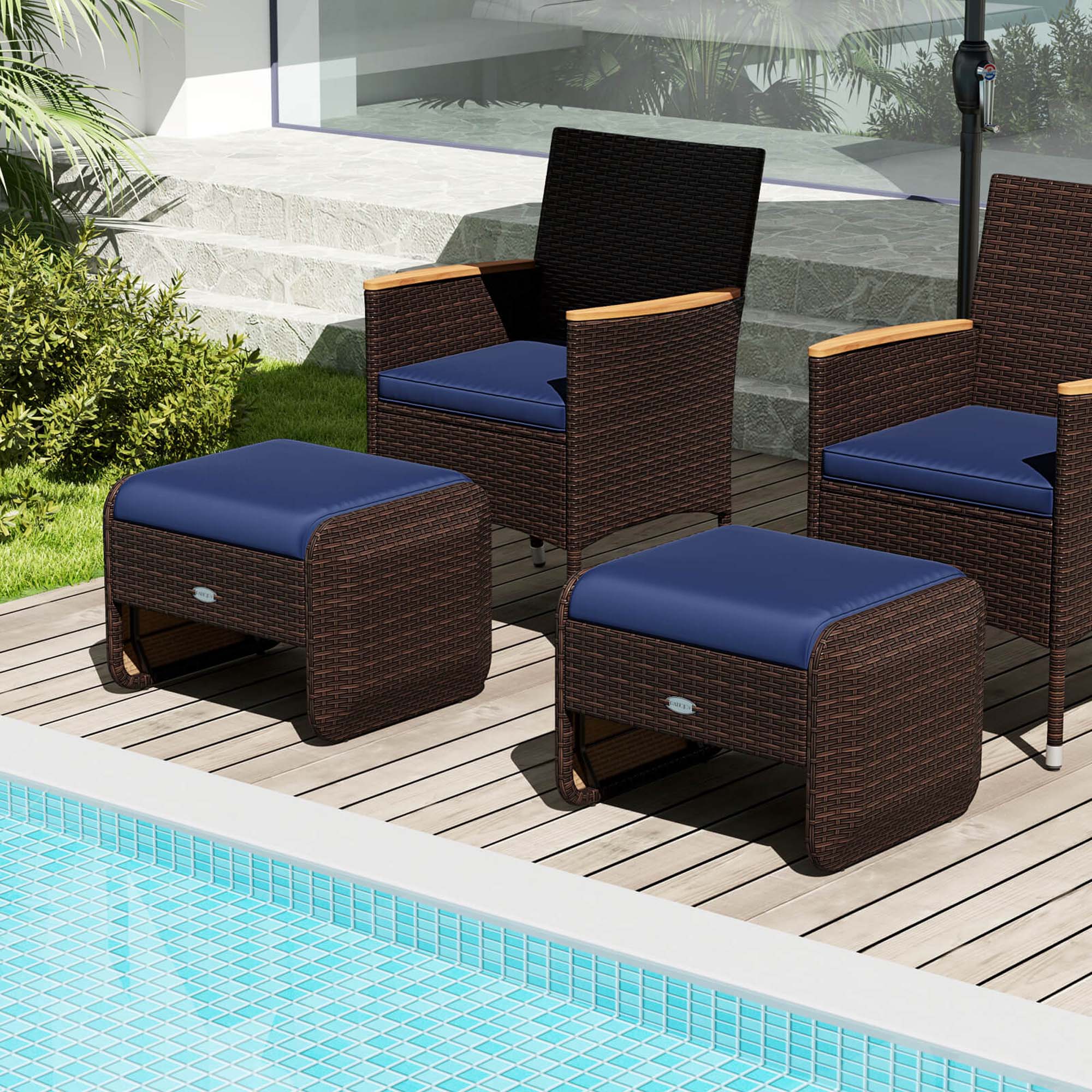 Alt View 1. Costway - 2 Pieces Outdoor Patio PE Wicker Ottomans with Removable Cushions Footstools - Mixed Brown + Navy.