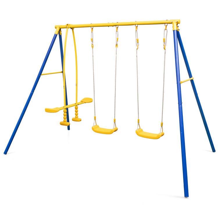 Front. SlickBlue - Backyard Metal Swing Set with 2 Swings and 2 Glider Seats for Outdoor Fun - Blue, Yellow.