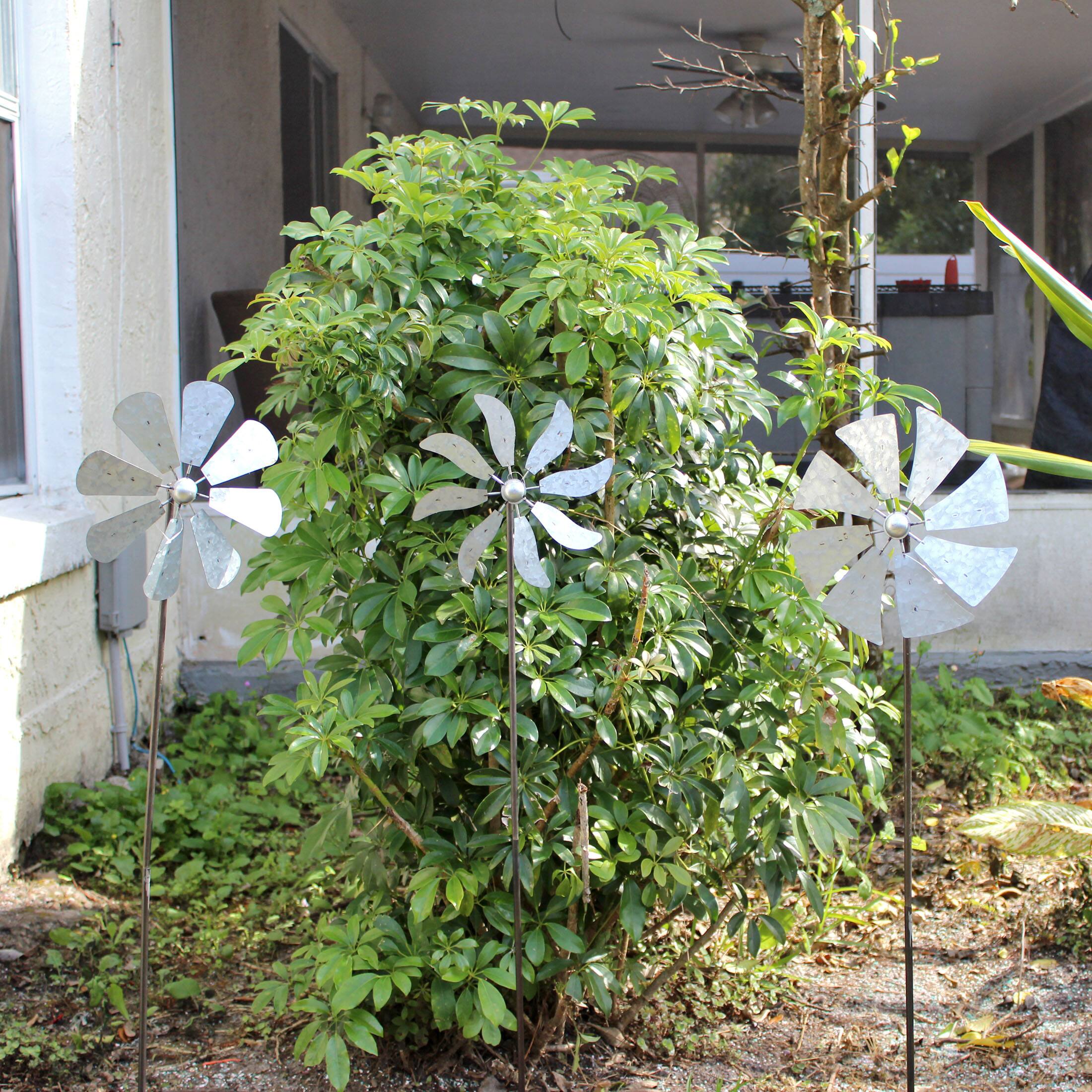 Alt View 4. Zeckos - 41 Inch Metal Kinetic Wind Spinner Garden Stakes Outdoor Decorations Set of 3 - Grey.