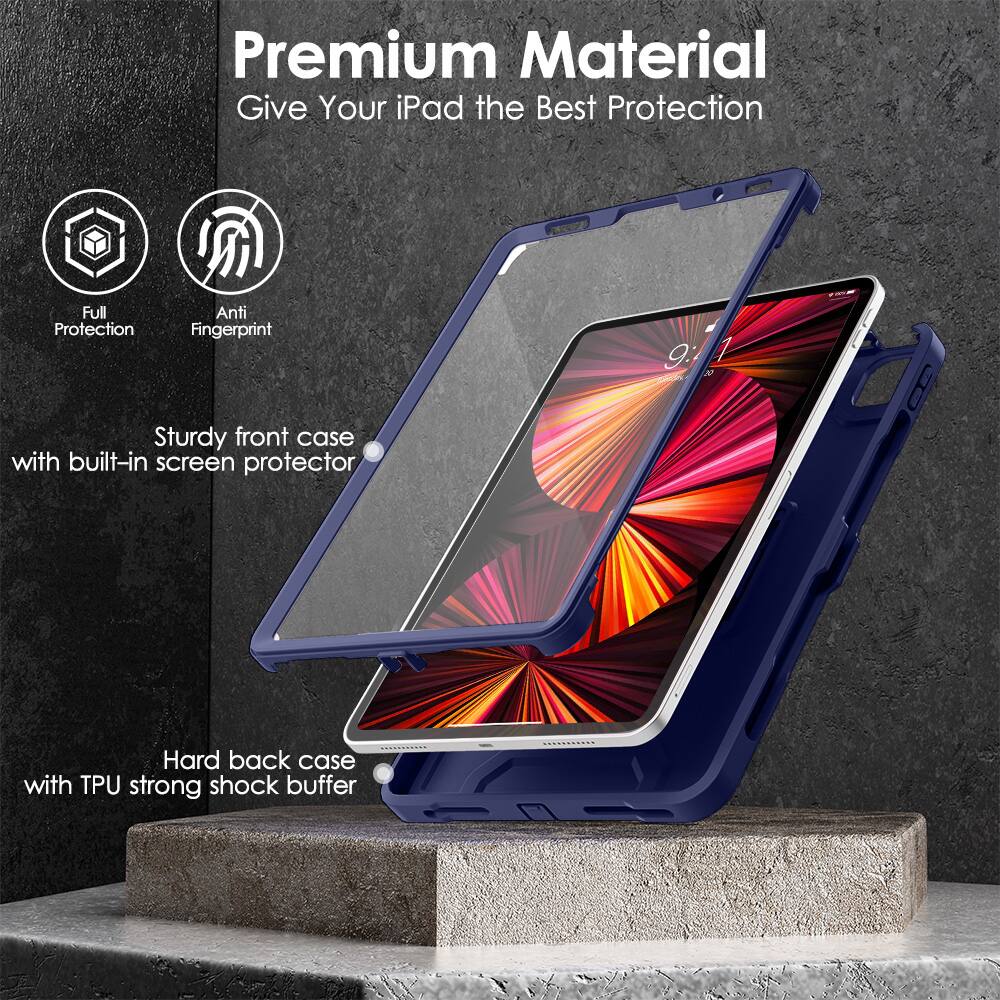 Premium Material  
Give Your iPad the Best Protection  

- Full Protection  
- Anti Fingerprint  

Sturdy front case with built-in screen protector  

Hard back case with TPU strong shock buffer