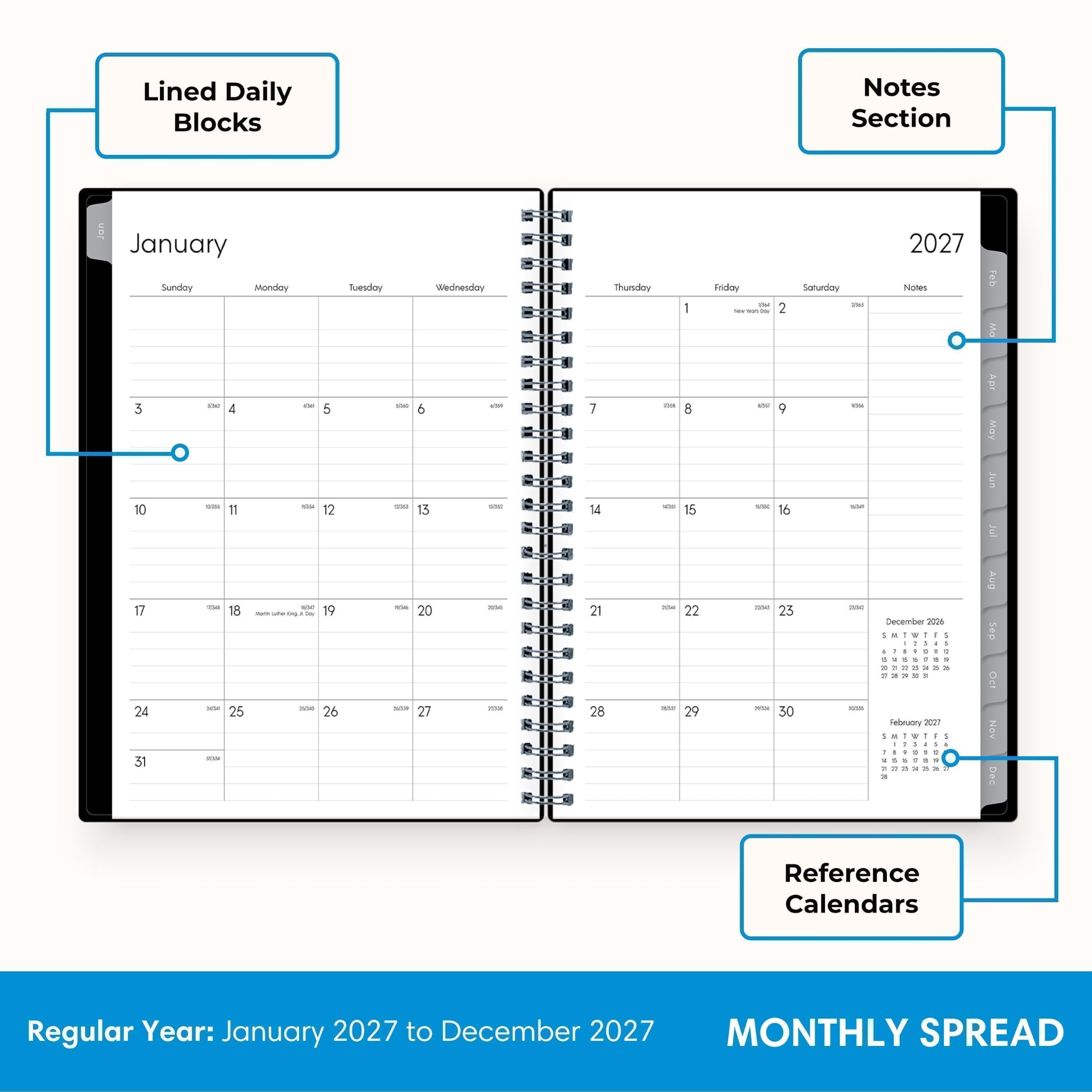 Lined Daily Blocks

Notes Section

January
Sunday Monday Tuesday Wednesday Thursday Friday Saturday
3 4 5 6 7 8 9
10 11 12 13 14 15 16
17 18 19 20 21 22 23
24 25 26 27 28 29 30
31

TOTAL LATE calories 10 11 12 13 230 soc 17 18 Haris culter 0g Day 19 20

2027 Notes

December 2026
January 2027 to December 2027

Reference Calendars

MONTHLY SPREAD