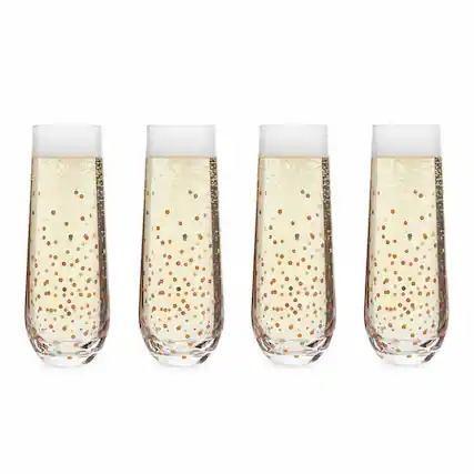 Front. Jay Import - Set of 4 Black & Gold Confetti Stemless Champagne Flutes (10.5 oz) - Gold.