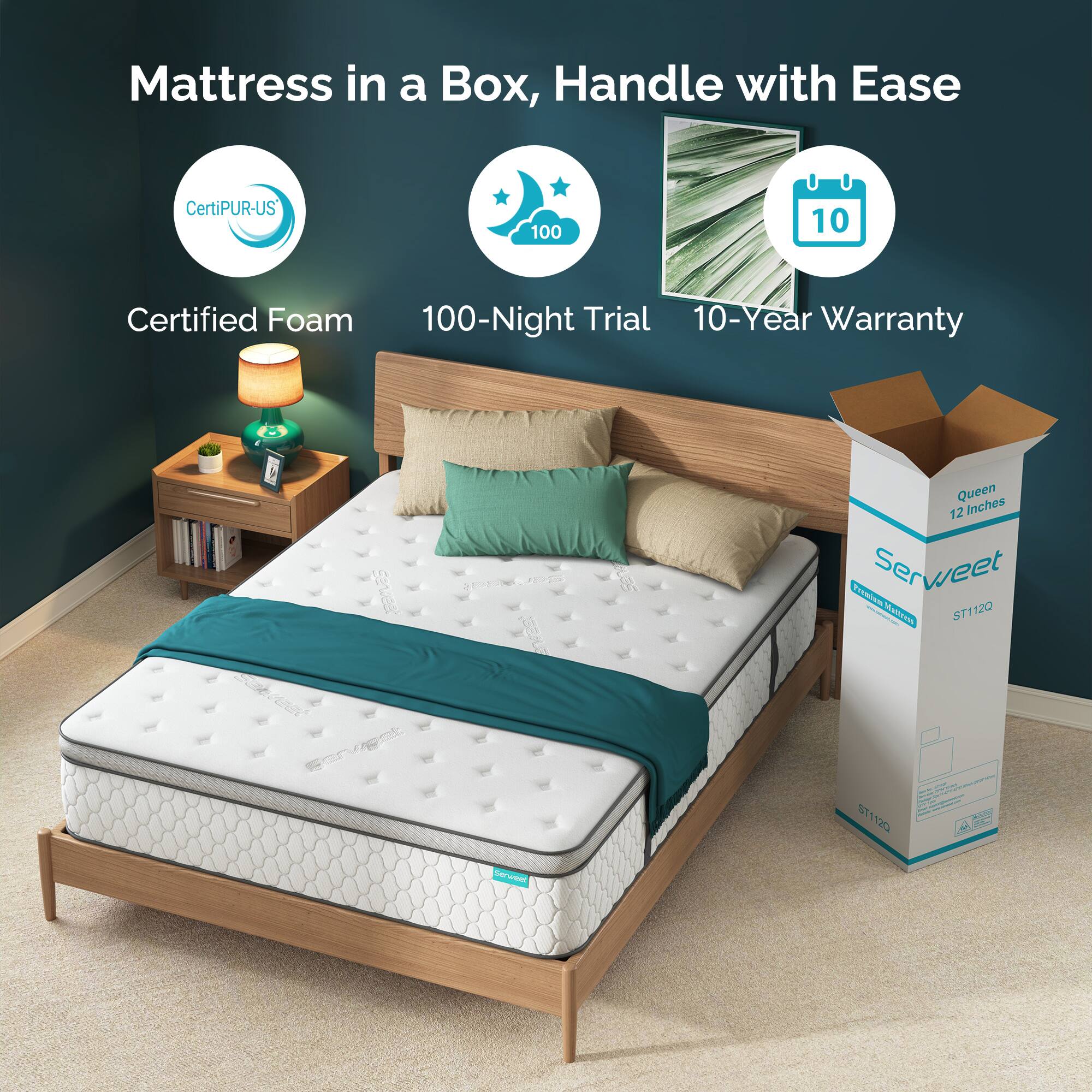 Here is the corrected and grouped text:

- Mattress in a Box
- Handle with Ease
- CertiPUR-US 100% Certified Foam
- 100-Night Trial
- 10-Year Warranty
- Sewea Queen
- 12 Inches
- Sweet Tie
- WAE ST120
- ST1120