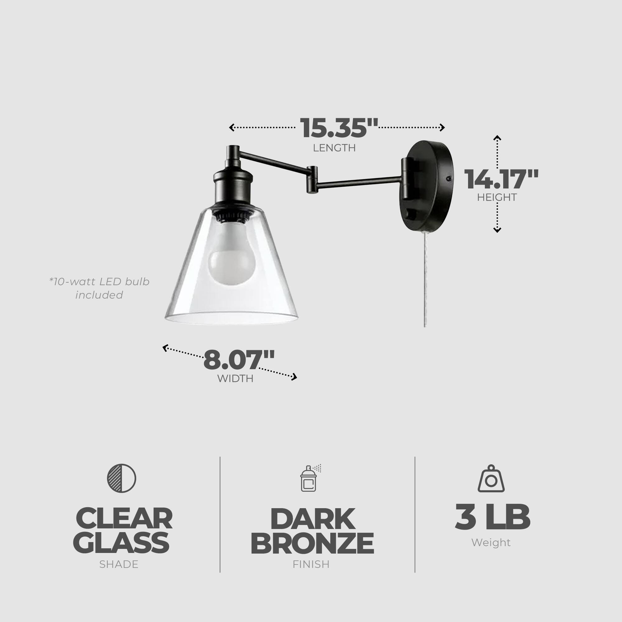15.35" LENGTH  
14.17" HEIGHT  
8.07" WIDTH  
CLEAR GLASS SHADE  
DARK BRONZE FINISH  
3 LB Weight  
*10-watt LED bulb included