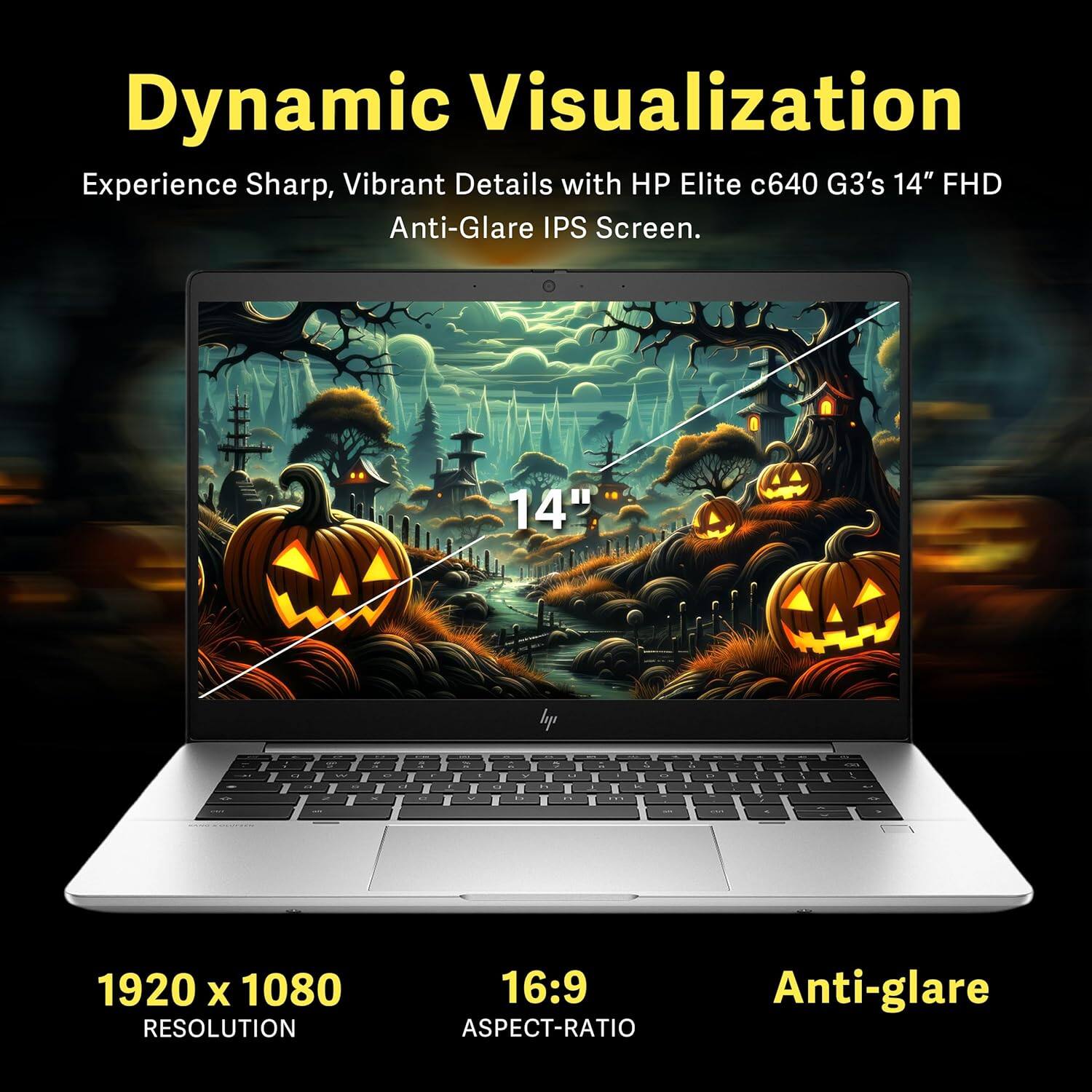 Dynamic Visualization  
Experience Sharp, Vibrant Details with HP Elite c640 G3's 14" FHD Anti-Glare IPS Screen.  

14"  
1920 x 1080 RESOLUTION  
16:9 ASPECT-RATIO  
Anti-glare
