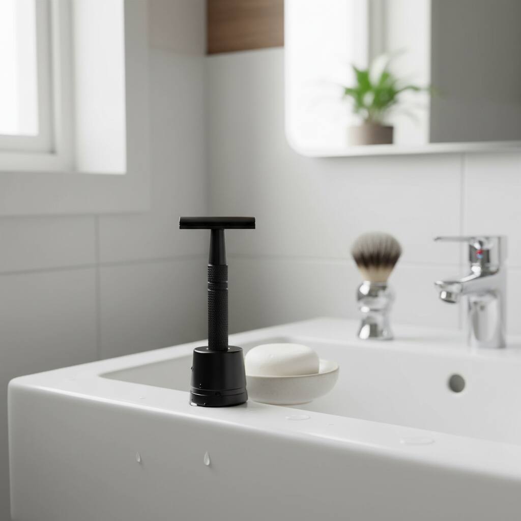 Alt View 1. Dazzed Corner - Double Edge Safety Razor with Stand, 10 Blades, Reusable Metal - Matte Black.