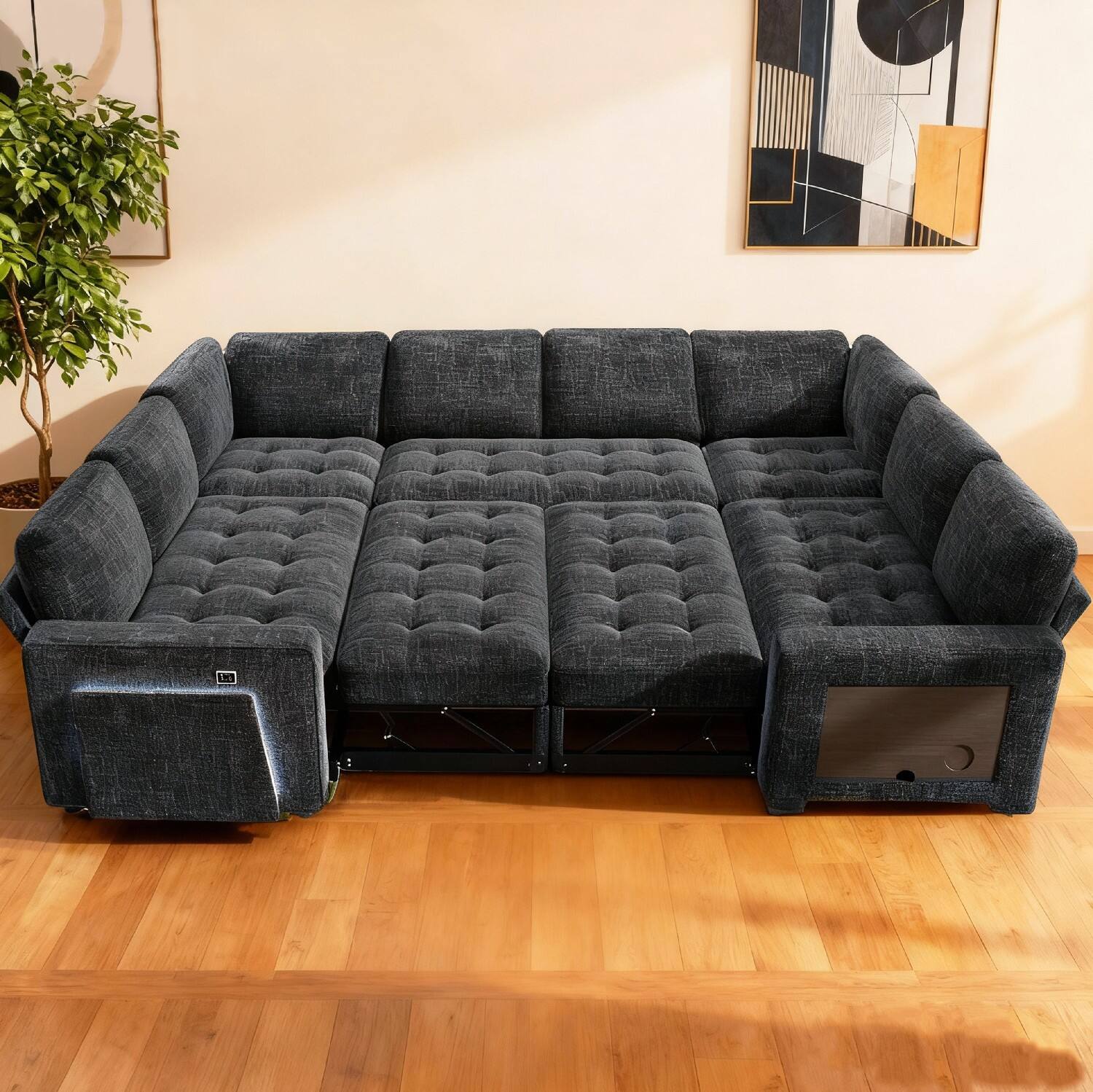 Left. Vipbear - Vipbear 8 Seat Modular Sectional Sleeper Sofa,Pull-Out Bed, Reclining Backrest, USB Ports, Side Table, Black - Black.