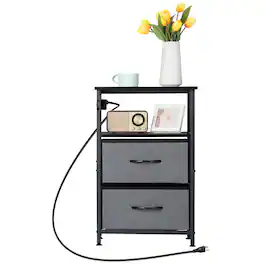 Oumilen - Wood Nightstand with Built-in Charging Station & 2 Fabric Drawers, Black - Gray