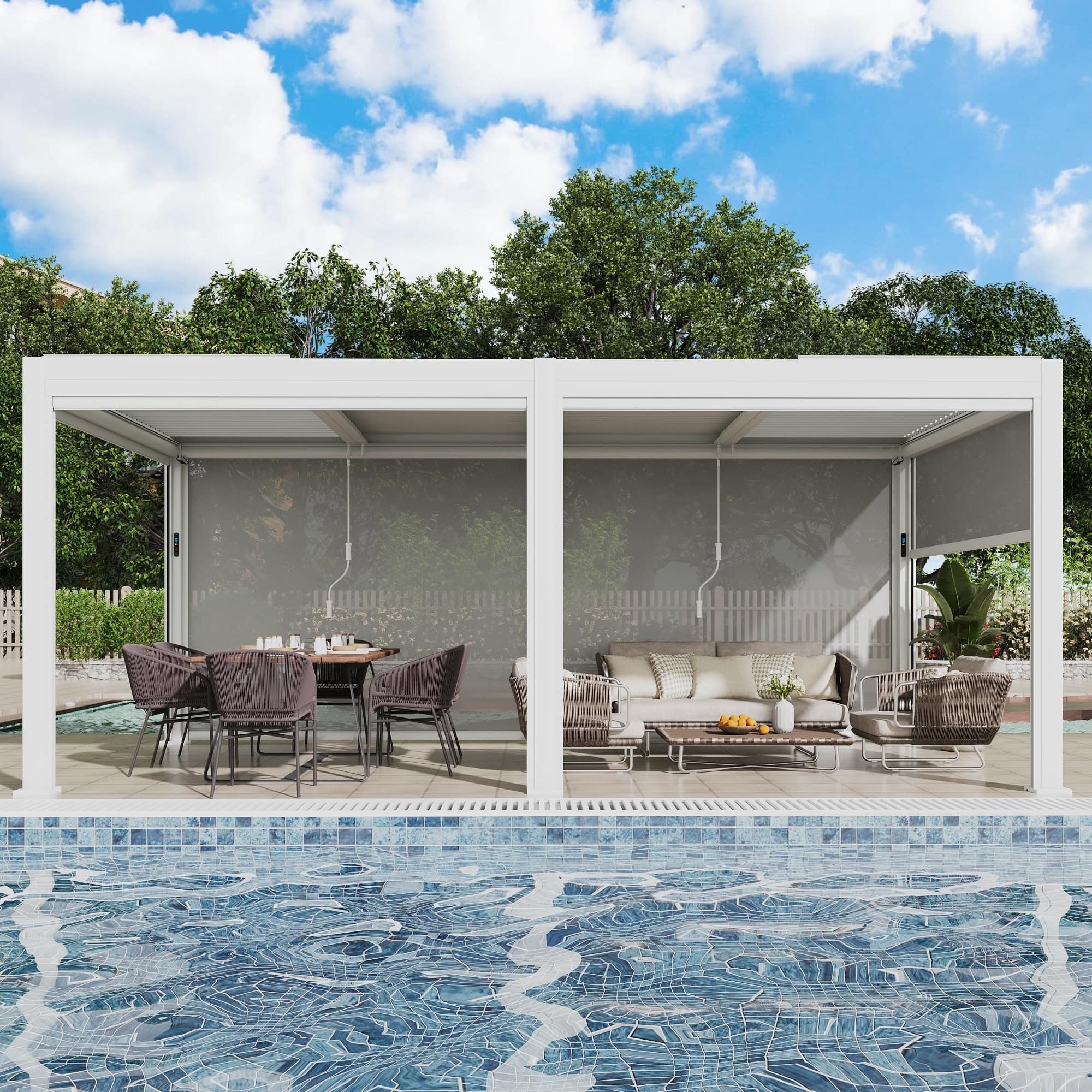 U-HOMY - 10'x20' Outdoor Aluminum Louvered Pergola Gazebo with Adjustable Rainproof Roof and Pull-Down Privacy Screen - White