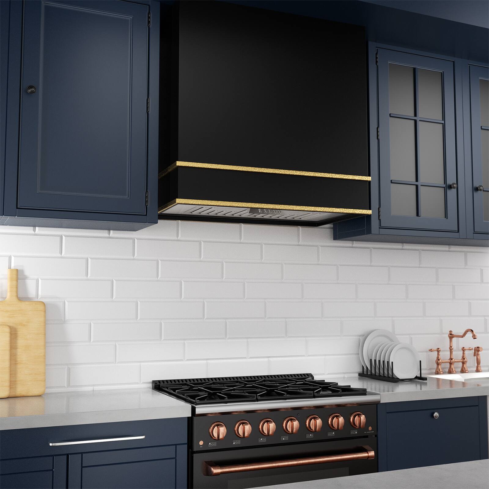 Alt View 5. Akicon - Akicon 30 in. 600 CFM Ducted Wall Mount Range Hood with 3 Speed, LED Lights and Carbon Filter, in Black with Gold - Black with Gold.