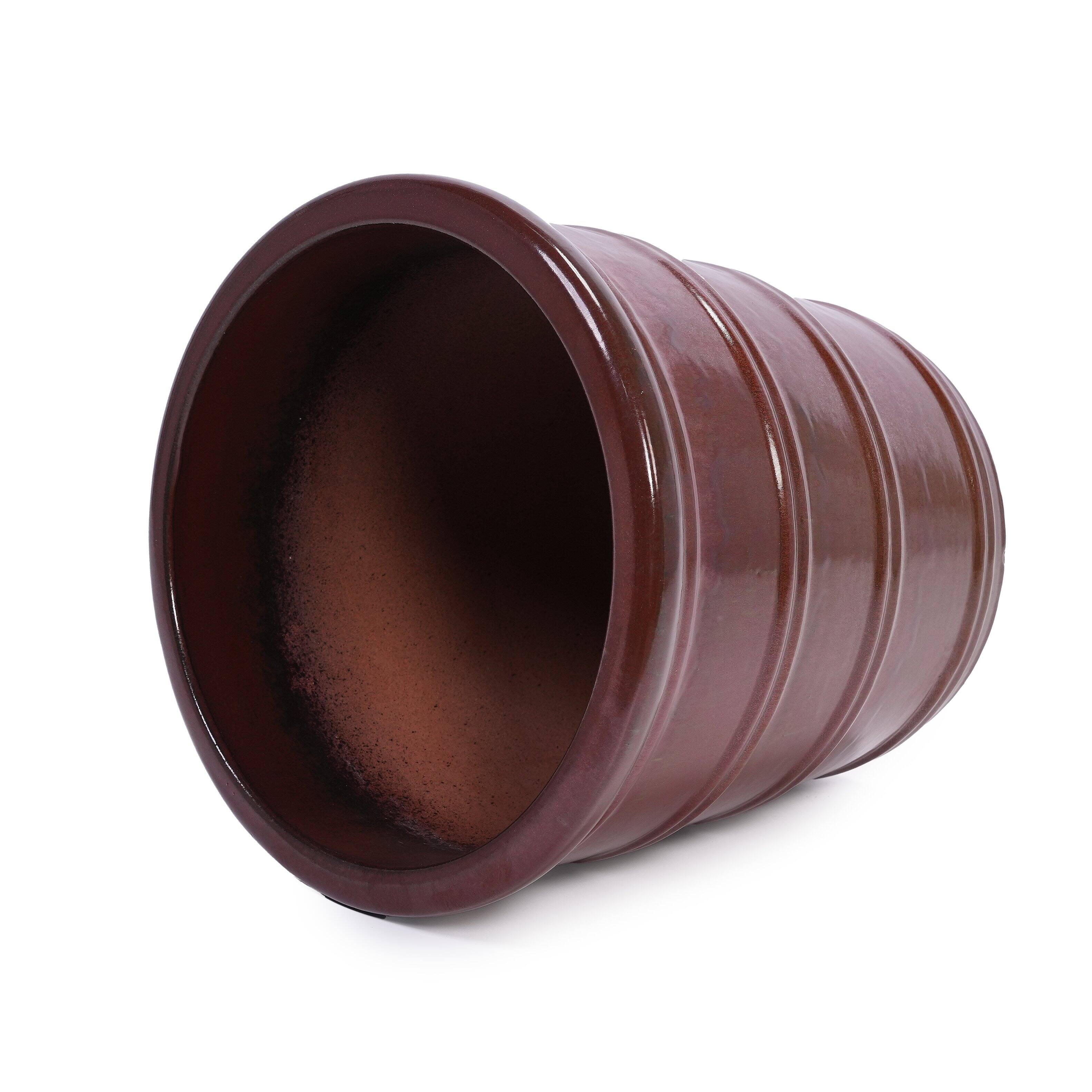 Alt View 6. Loheer - Ceramic Planter Set of 3 Loheer Handmade Glazed Clay Pots Ribbed Deep Reddish Brown for Indoor Outdoor Plants.