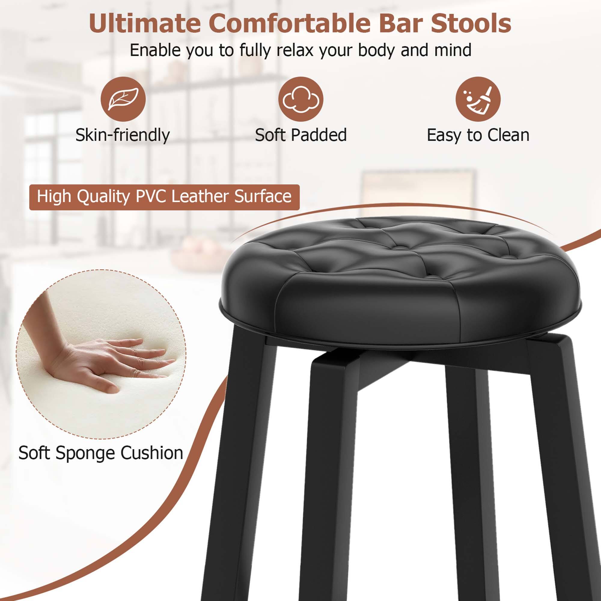 Ultimate Comfortable Bar Stools: Enable you to fully relax your body and mind. Skin-friendly, Soft Padded, Easy to Clean, High Quality PVC Leather Surface, Soft Sponge Cushion.