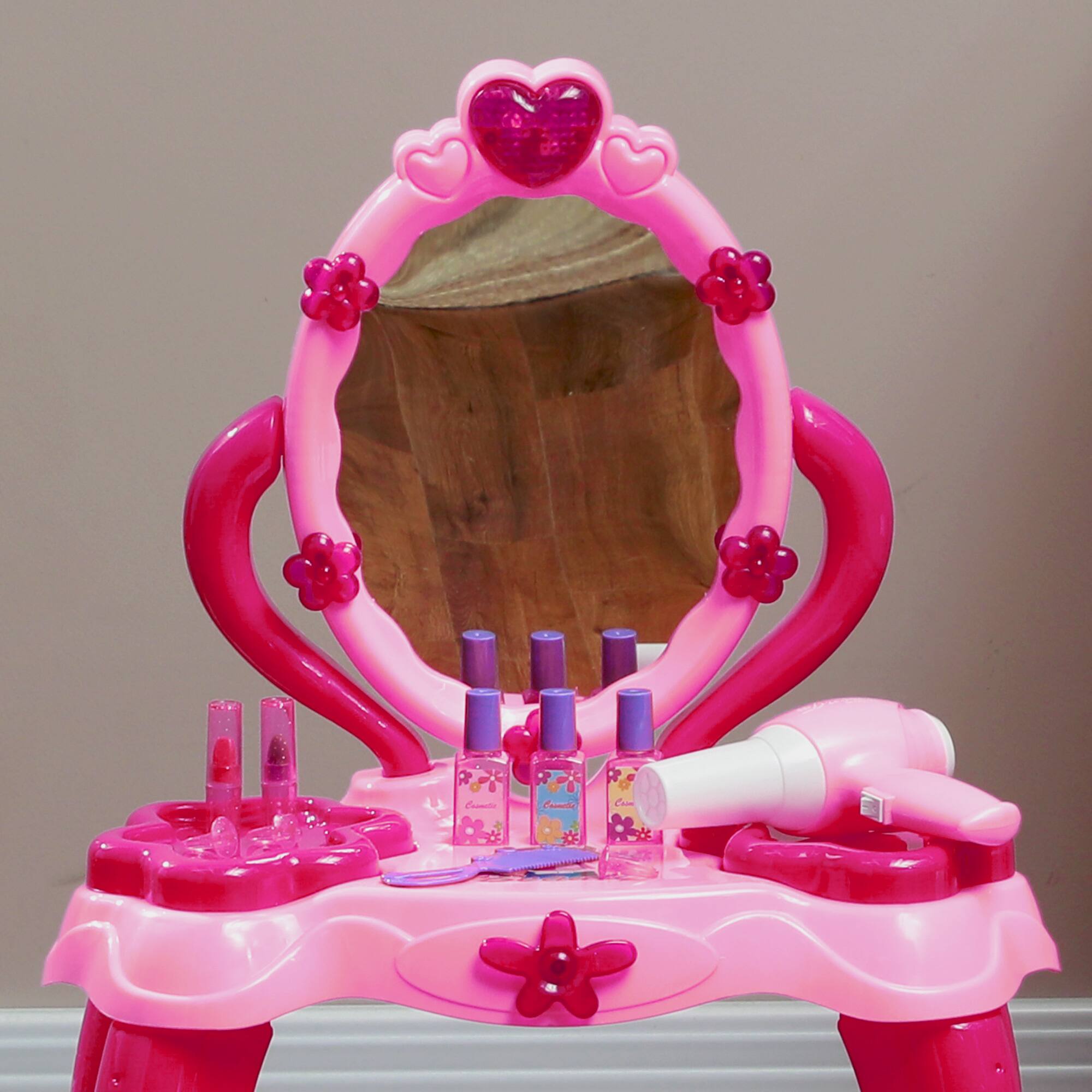 Alt View 5. Qaba - Kids Vanity Set w/Mirror&Stool, Girls Makeup Table w/Light&Sound, 15 Accessories, Hair Dryer, for 3-6.