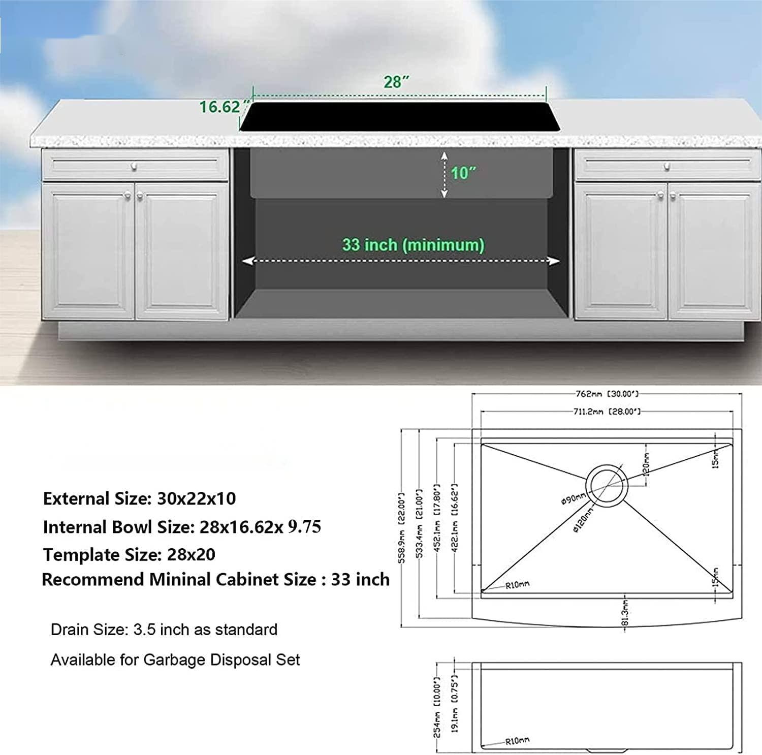 16.62" 28" 10" 33 inch (minimum) 762mm 30.003 -711.2mm [28.00") External Size: 30x22x10 [22.00" Internal Bowl Size: 28x16.62x 9.75" Template Size: 28x20" Recommend Minimal Cabinet Size: 33 inch Drain Size: 3.5 inch as standard Available for Garbage Disposal Set

533.4mm [17.80") 452.Inn (10.00" 254mm [16.62"3 422.1mm C0.75") 19.1mm R10mm R10mm 090mm 0120mm