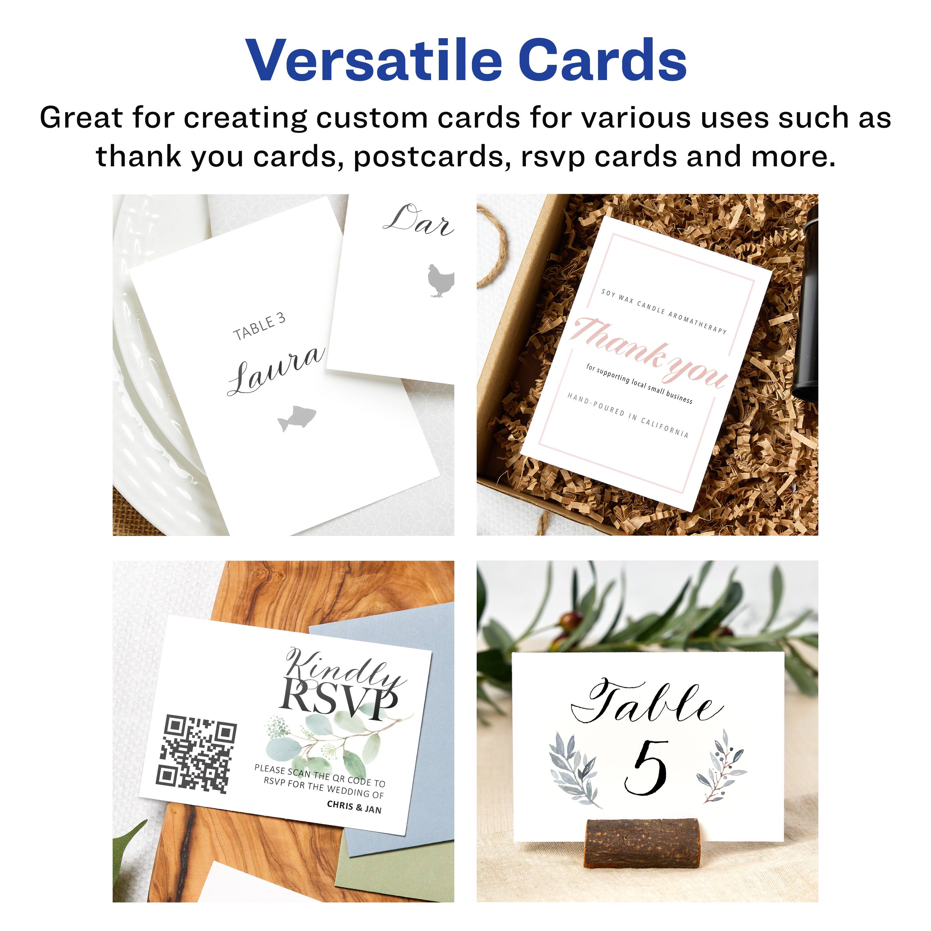 Versatile Cards

Great for creating custom cards for various uses such as thank you cards, postcards, rsvp cards and more.

- TABLE 3
  Laura

- Thank you
  for supporting local small business
  HAND-POURED IN CALIFORNIA

- Kindly RSVP
  PLEASE SCAN THE QR CODE TO RSVP FOR THE WEDDING OF CHRIS & JAN

- Table 5